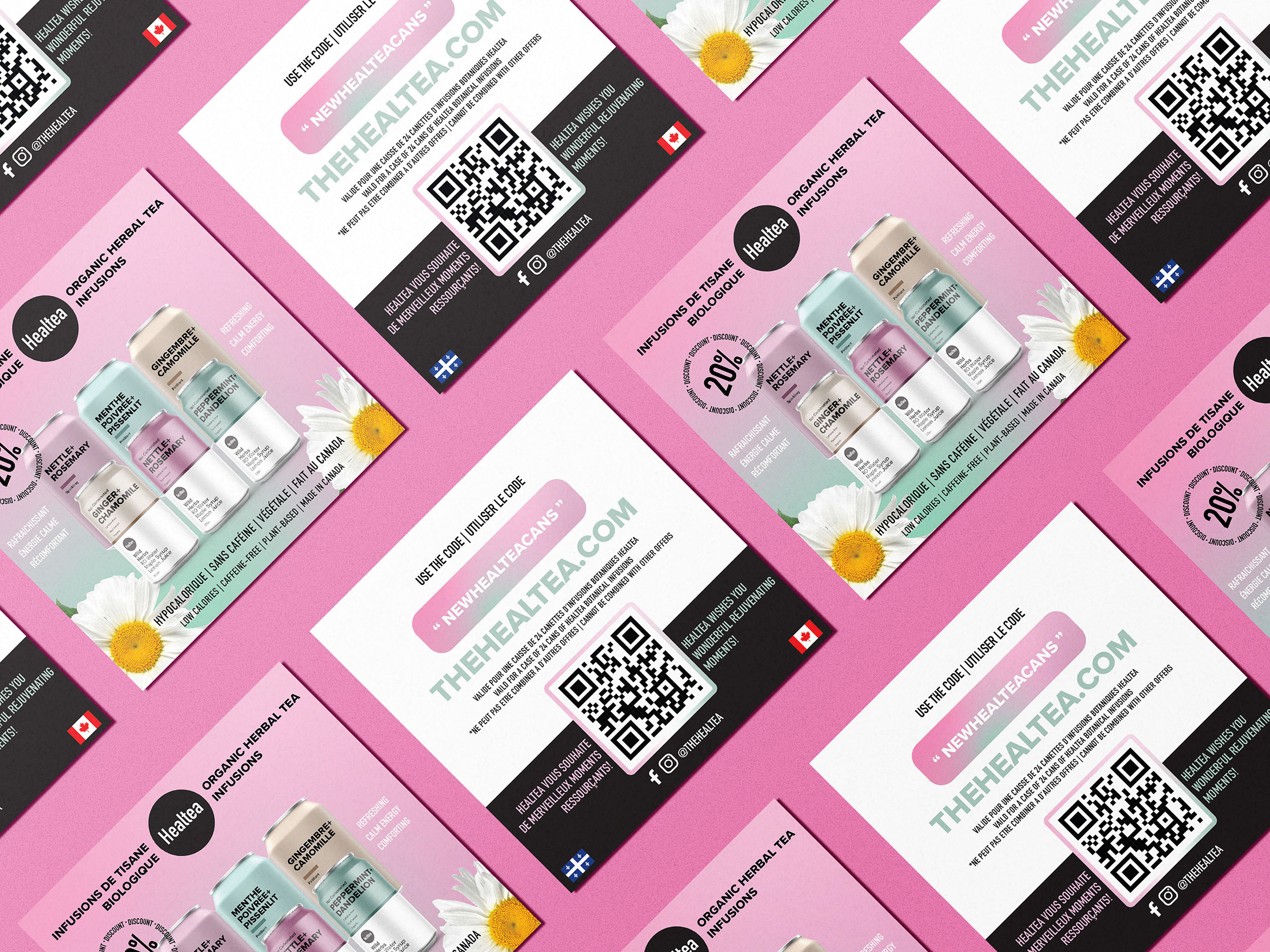 Postcard design and print marketing asset for CPG beverage brand, promotional handout optimized for trade shows, events, and retail activations featuring product benefits and QR code for digital engagement