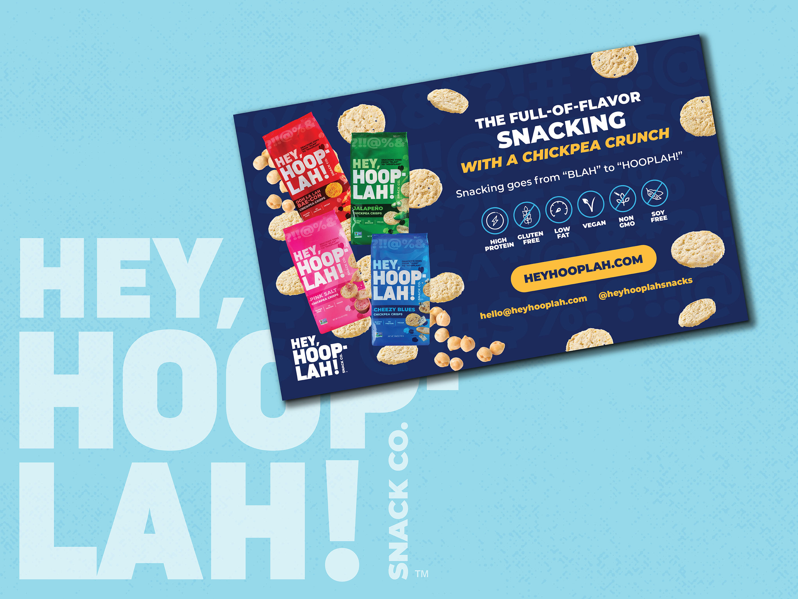 Postcard design and print marketing asset for CPG snack brand Hippeas, promotional handout optimized for trade shows events and retail activations with retro branding and digital engagement QR code