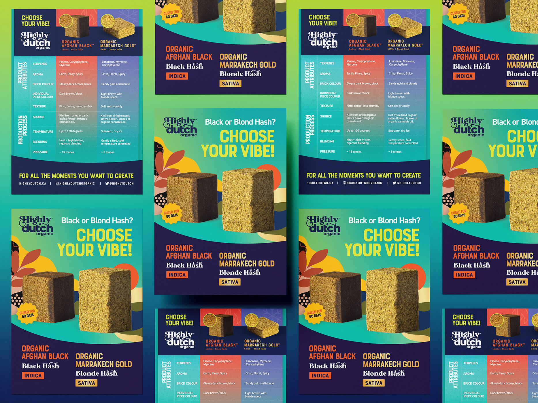 Postcard design and sell sheet for cannabis brand trade marketing, two sided print collateral optimized for retail promotions and events with premium aesthetic and clear messaging