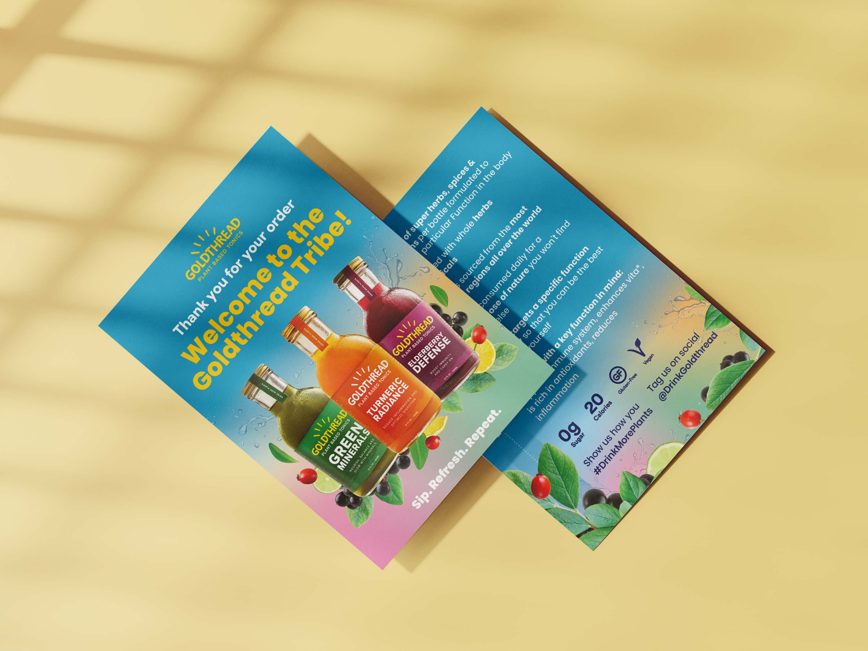 Postcard design for G&T Tonic Water, print collateral used for events and trade show handouts featuring colorful fruit illustrations and product imagery