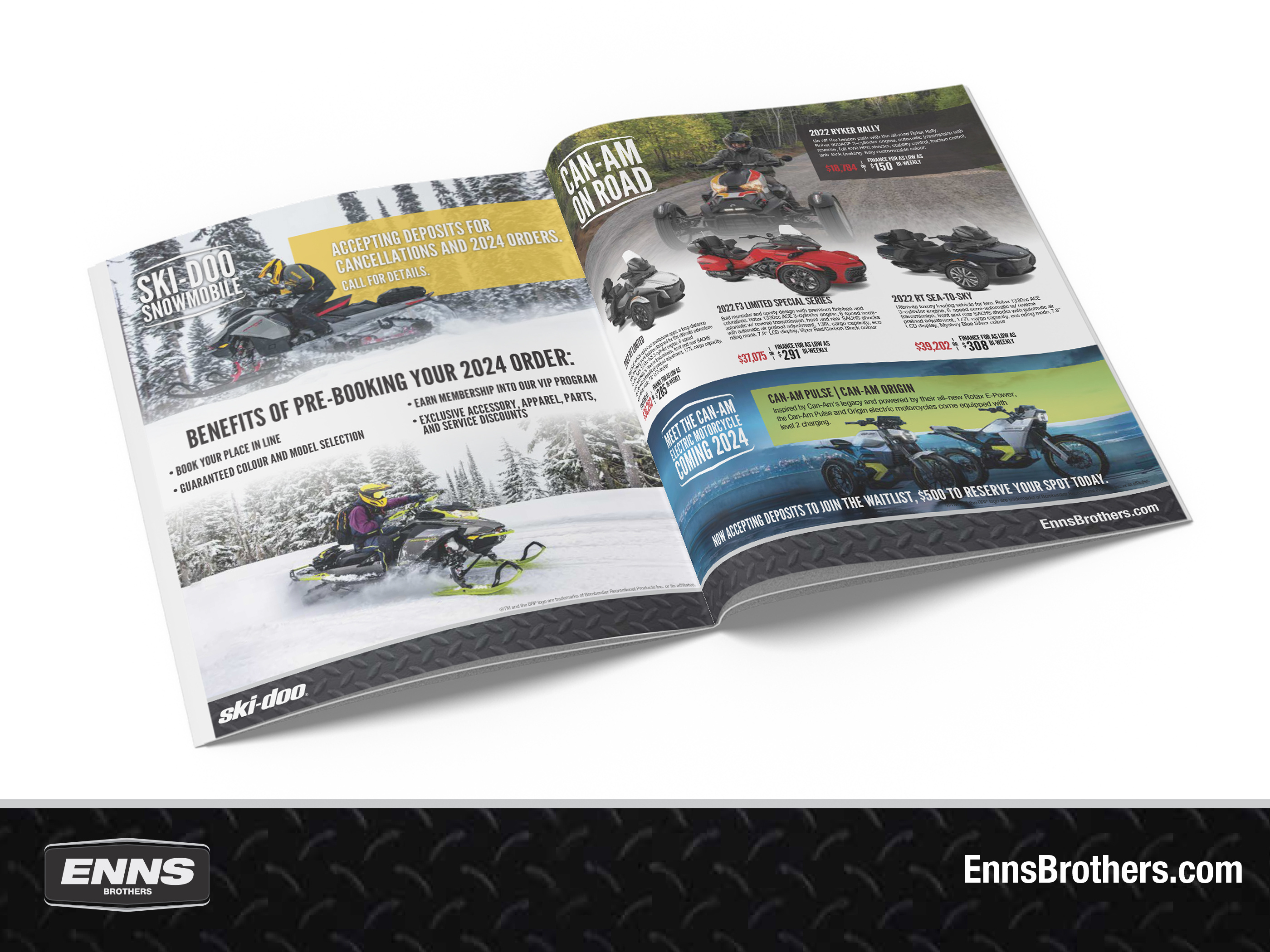 Product catalog and booklet design for Ski-Doo Wishbook, print collateral optimized for retail promotions and trade show marketing