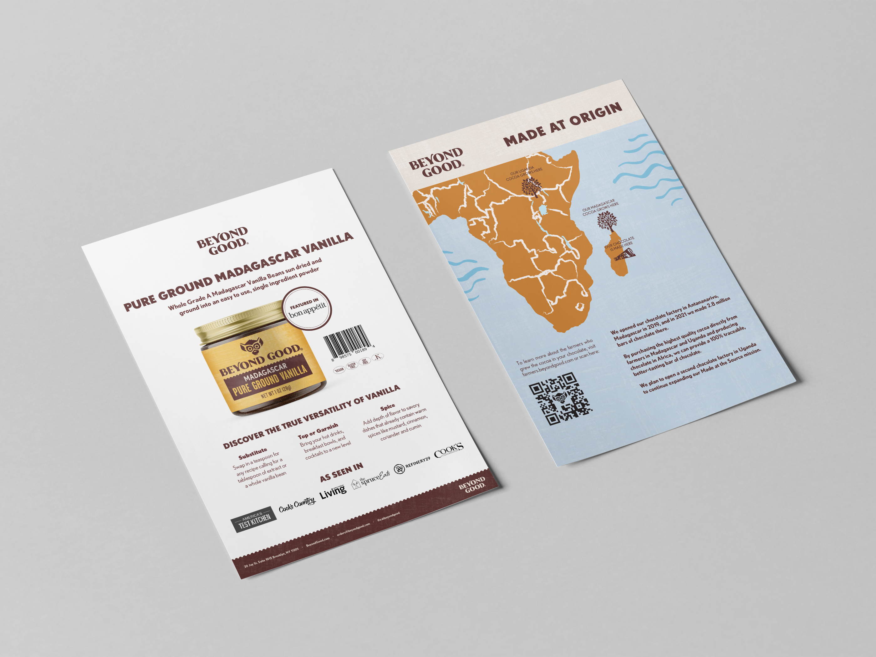 Sell sheet design for Native Vanilla ground vanilla powder, trade marketing asset for events and retail promotions