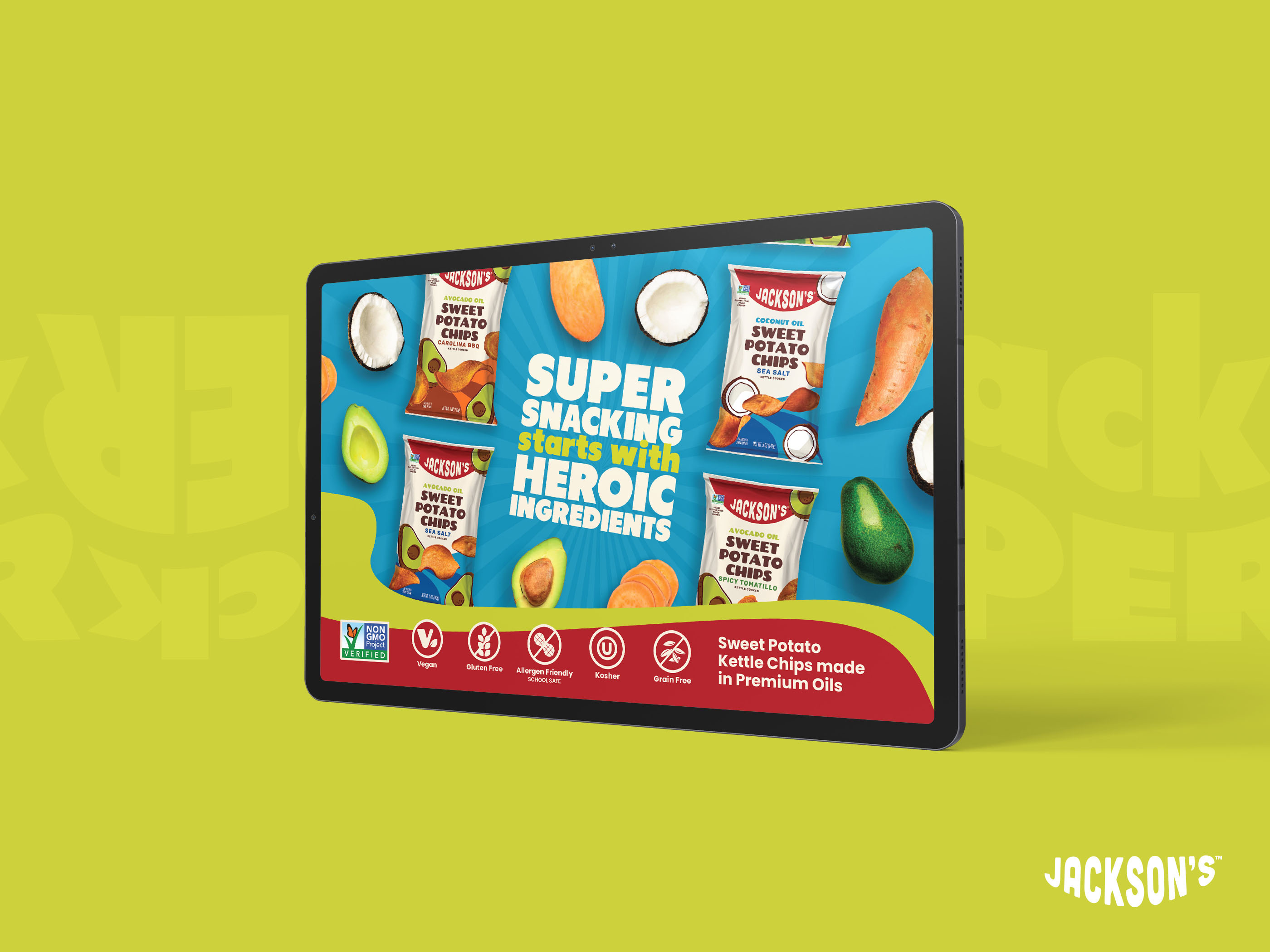 Retractable pop-up banner design for sweet potato chips brand, vertical trade show display graphic optimized for events and retail promotions featuring product imagery and health claims