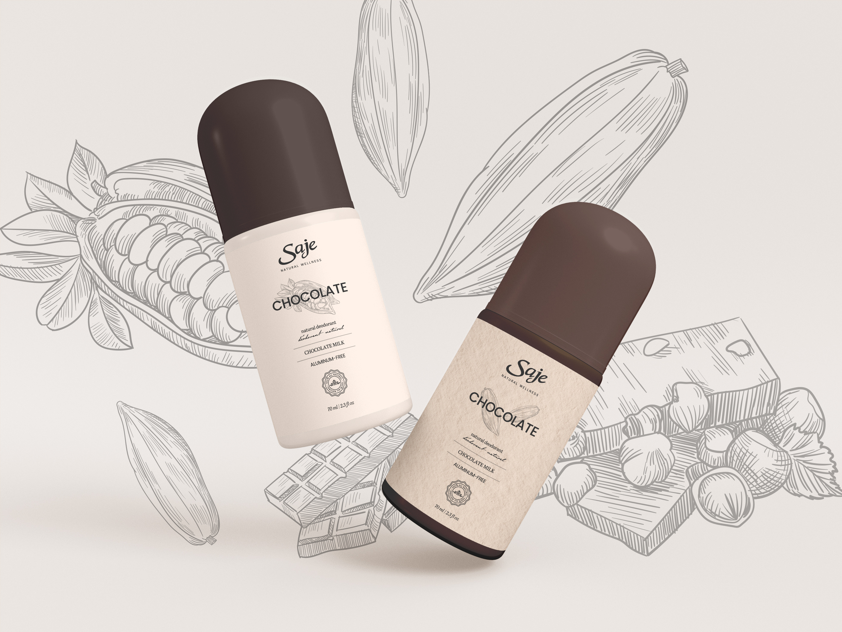 Package design and product concept for Chocolate Deodorant, CPG snack brand promotional asset for events and trade marketing, minimalist branding for dark milk and white chocolate scents