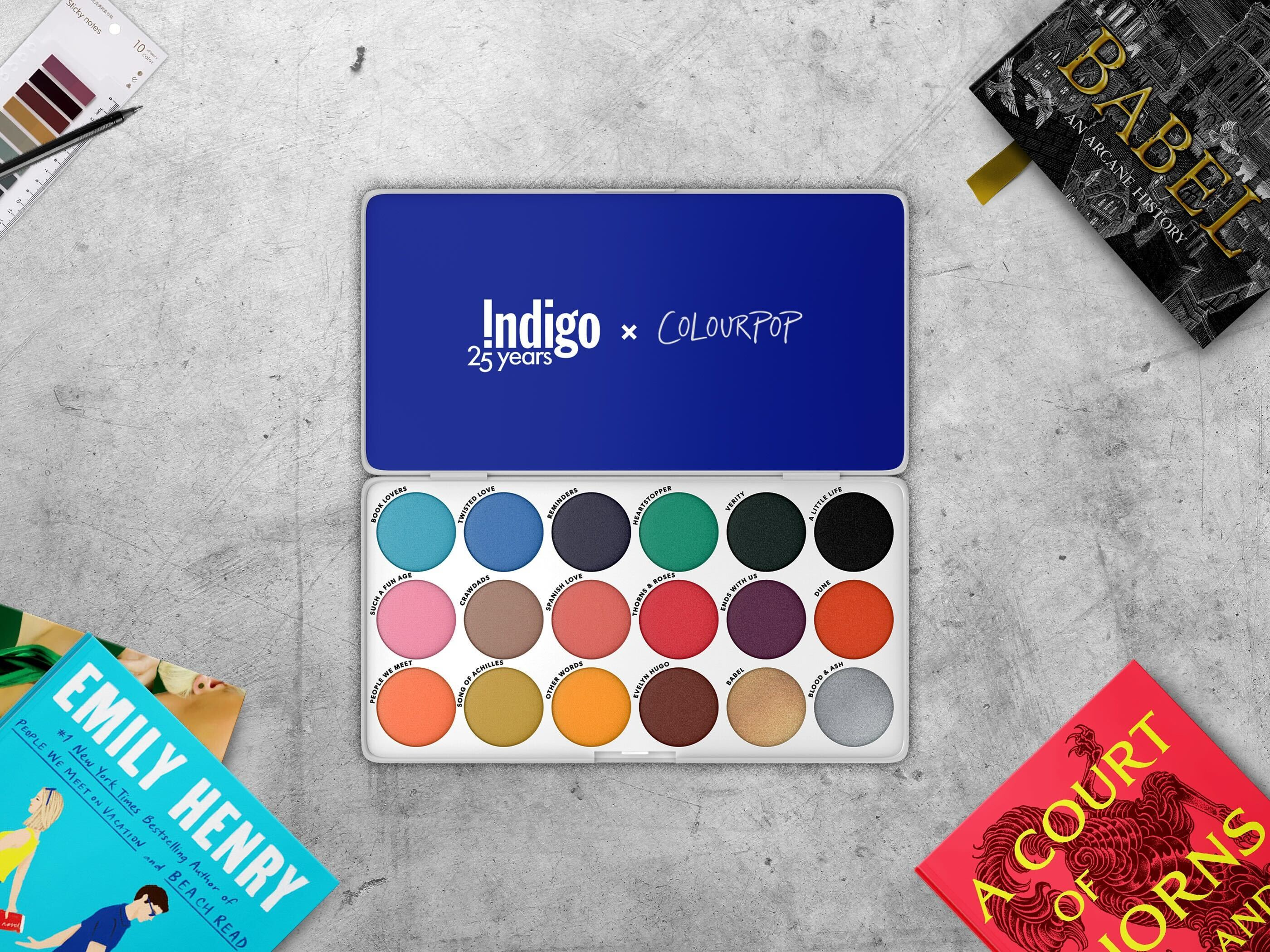 Product design concept and packaging for Indigo x Colourpop eyeshadow palette, cosmetics collaboration designed for retail and brand activation
