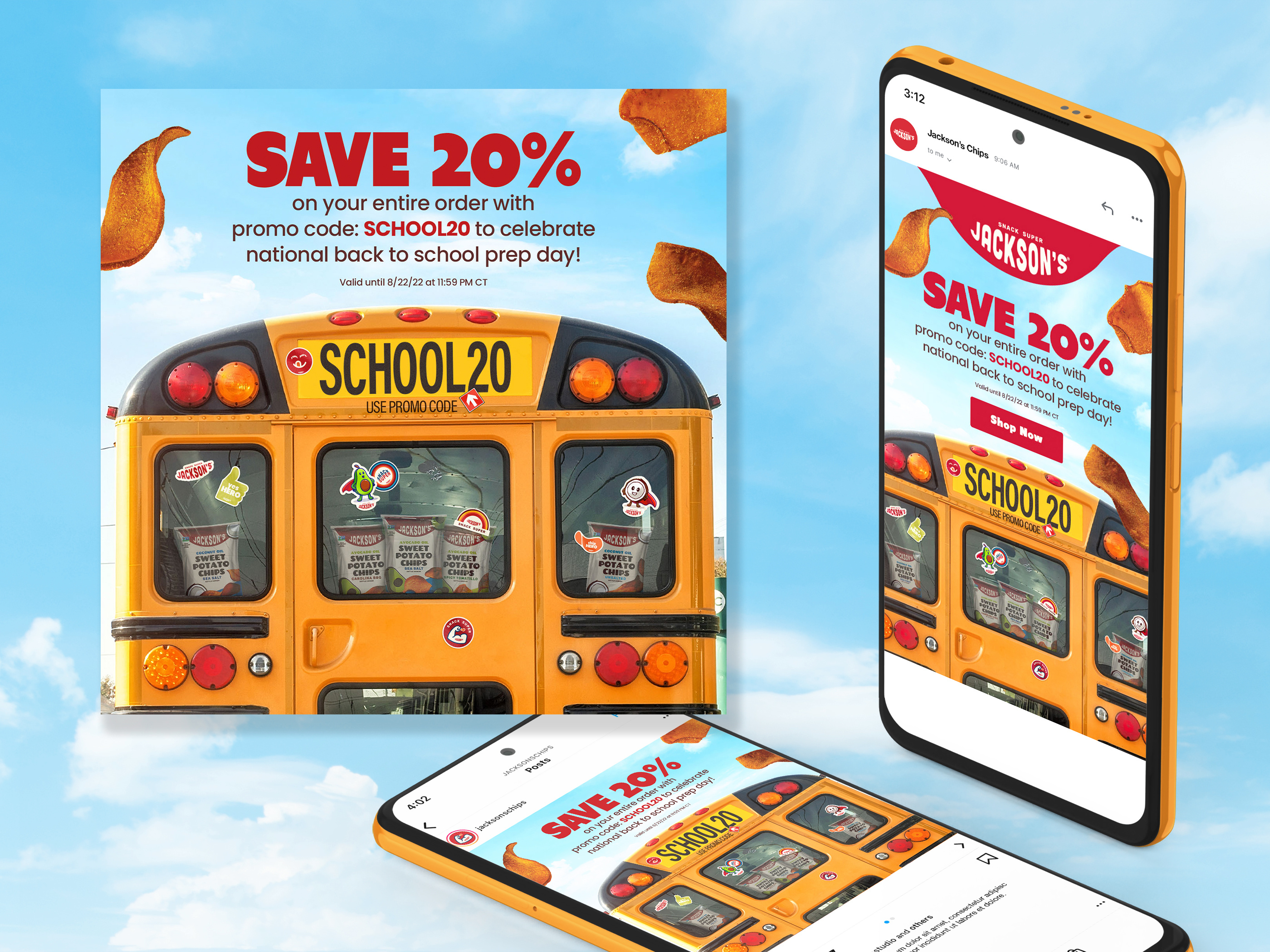 Social media design for CPG snack brand back to school campaign featuring illustrative school bus and sweet potato chips