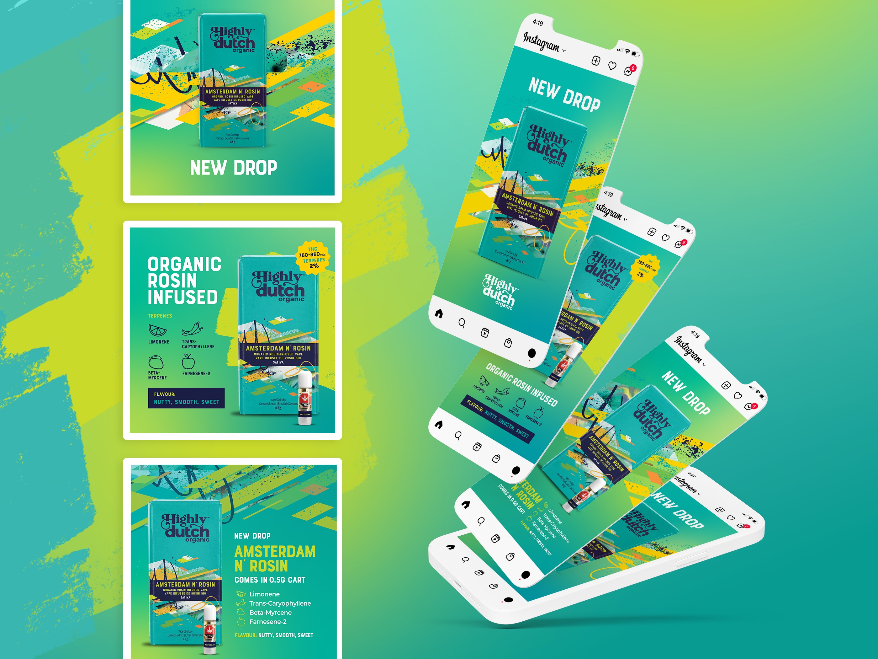 Social media design and digital campaign graphics for Rosin vape brand, premium visual identity suite for retail promotions and digital marketing