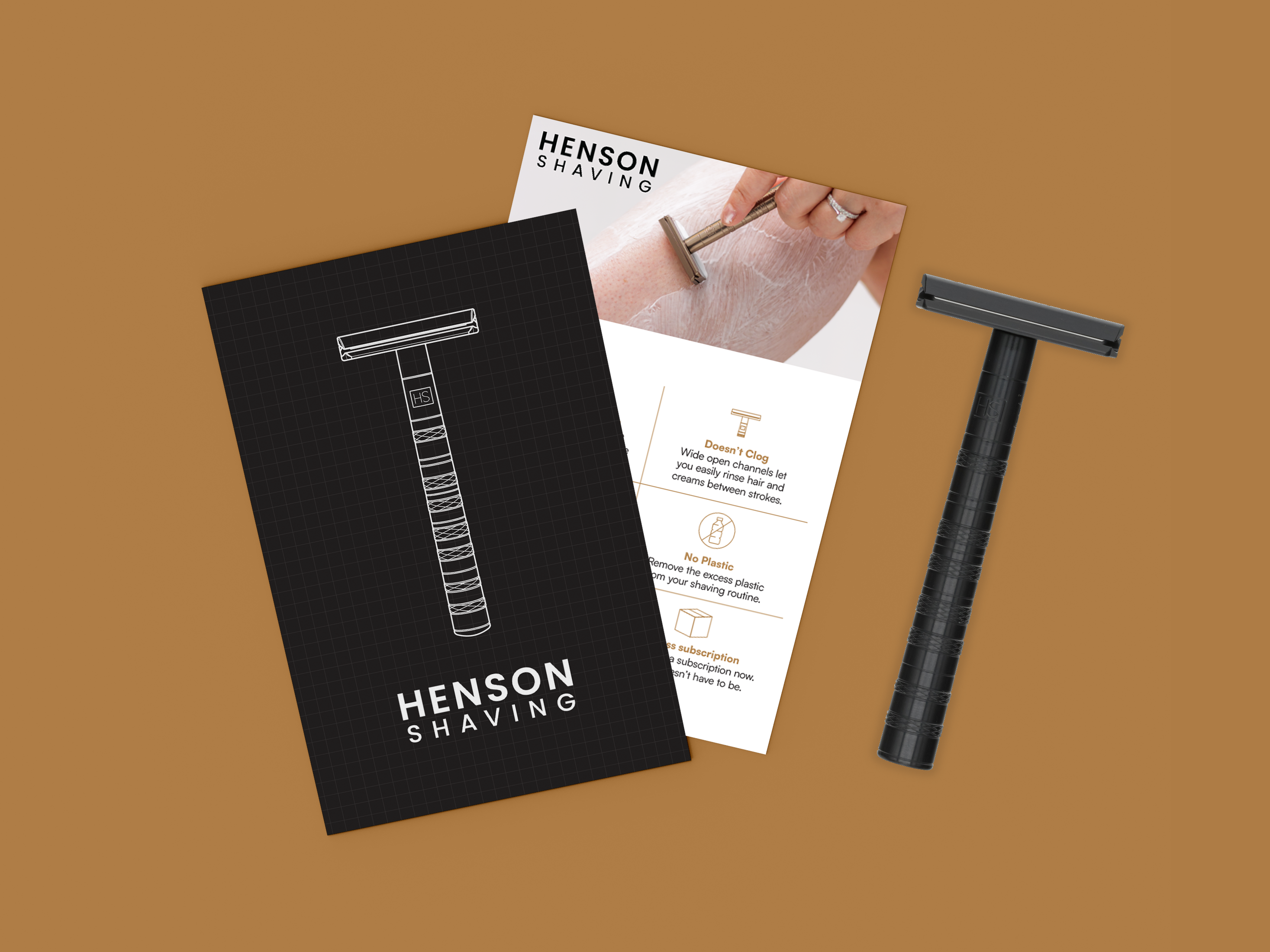 Postcard design and print collateral for Henson Shaving AL13 razor, direct mail and event marketing asset featuring technical illustration and lifestyle photography for retail promotions