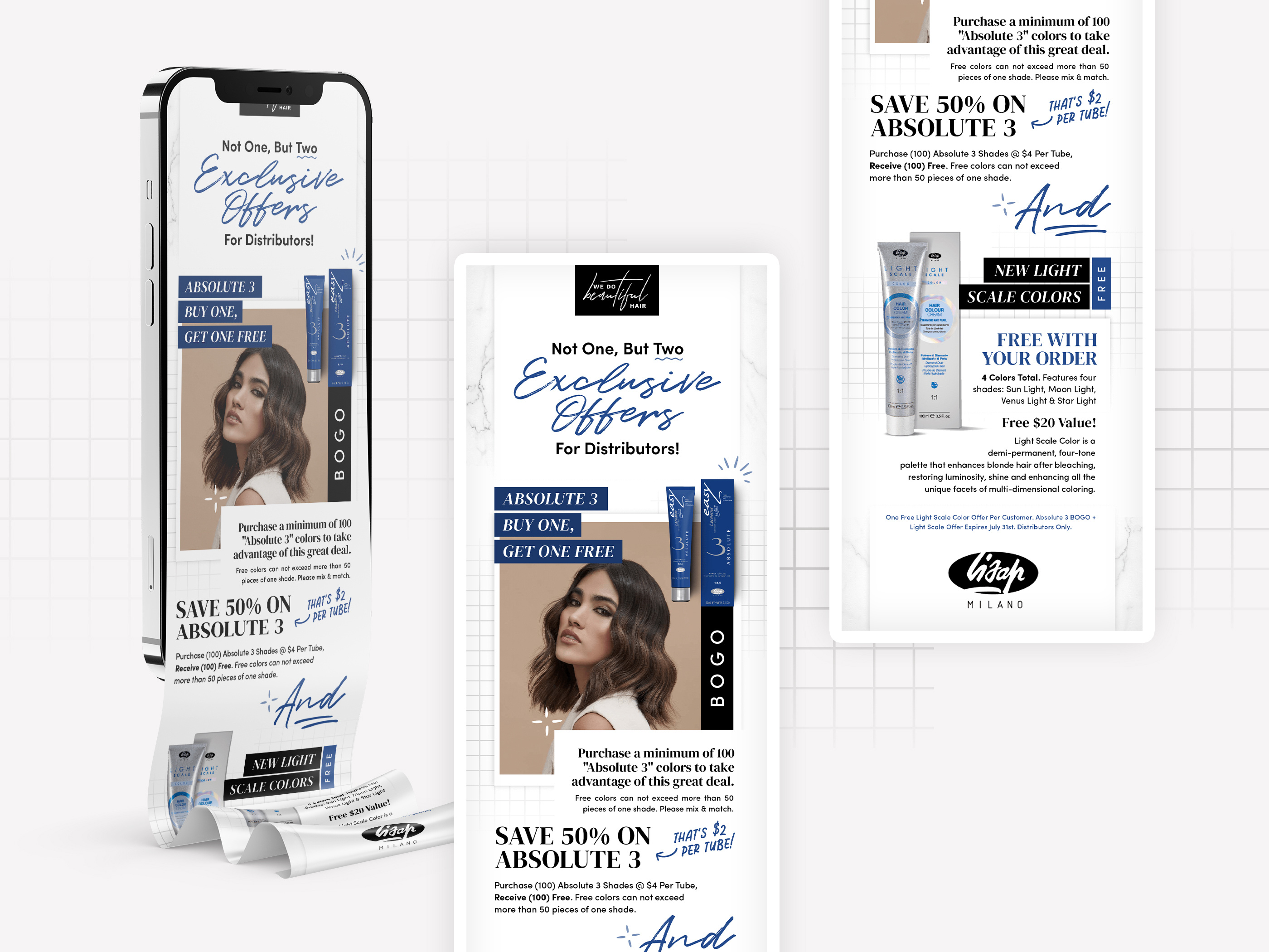 Email design and newsletter layout for DTC hair care brand Glow & Grow, e-commerce email marketing optimized for product discovery and content engagement on mobile devices