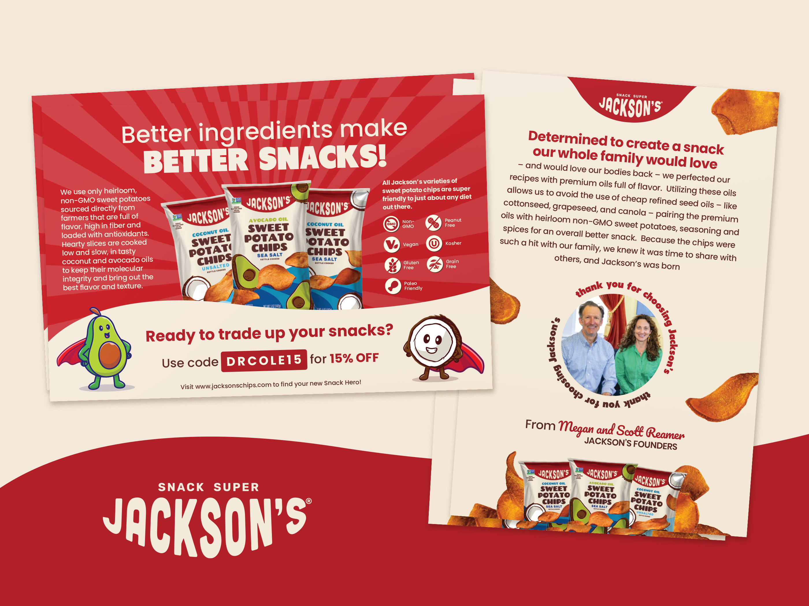 Postcard design and print marketing asset for CPG snack brand, retro illustration style used for trade show collateral and retail promotions