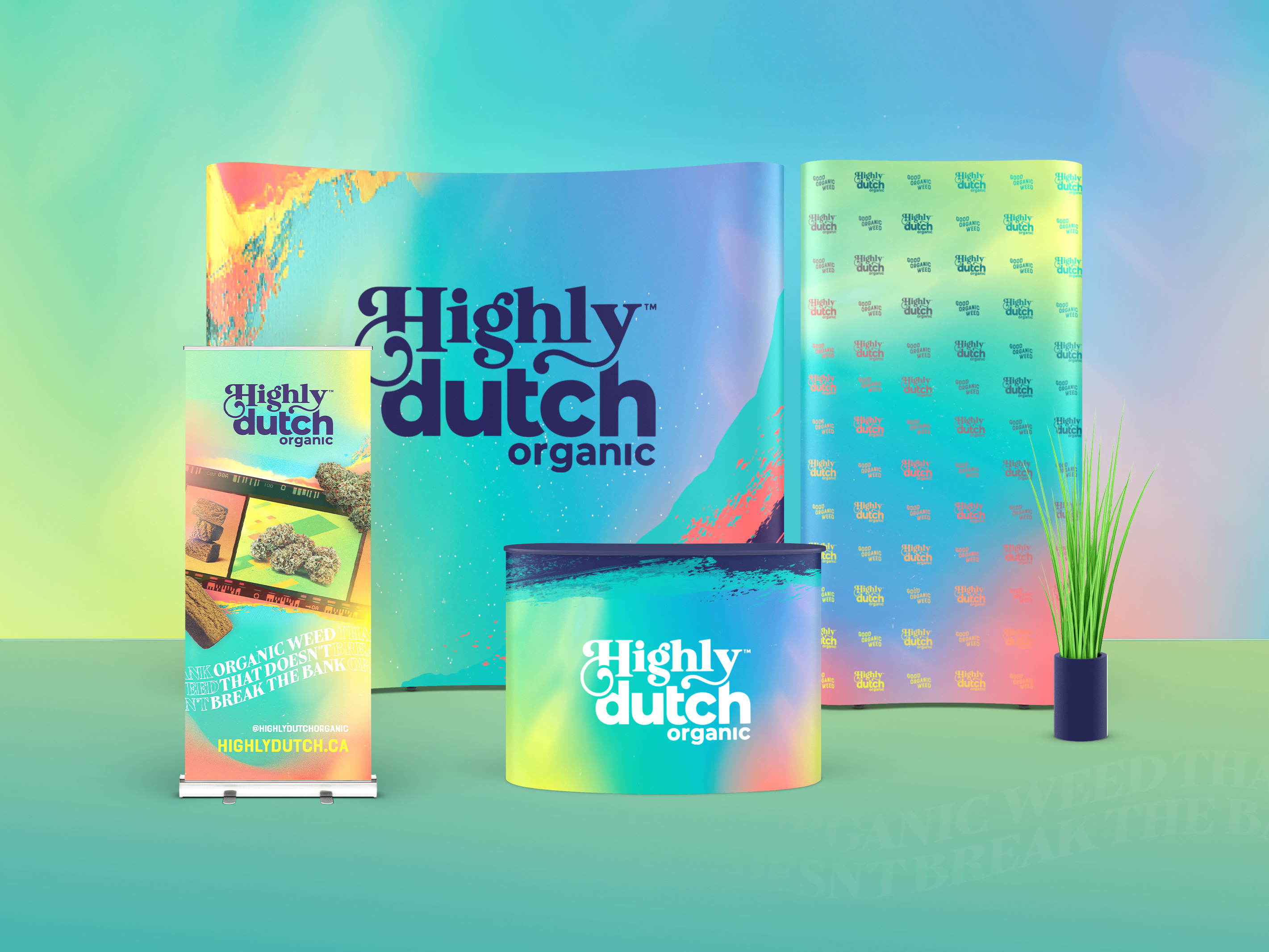 Trade show booth design and event marketing display for cannabis CPG brand, experiential marketing setup with large format graphics and retail counter for product demos at industry events