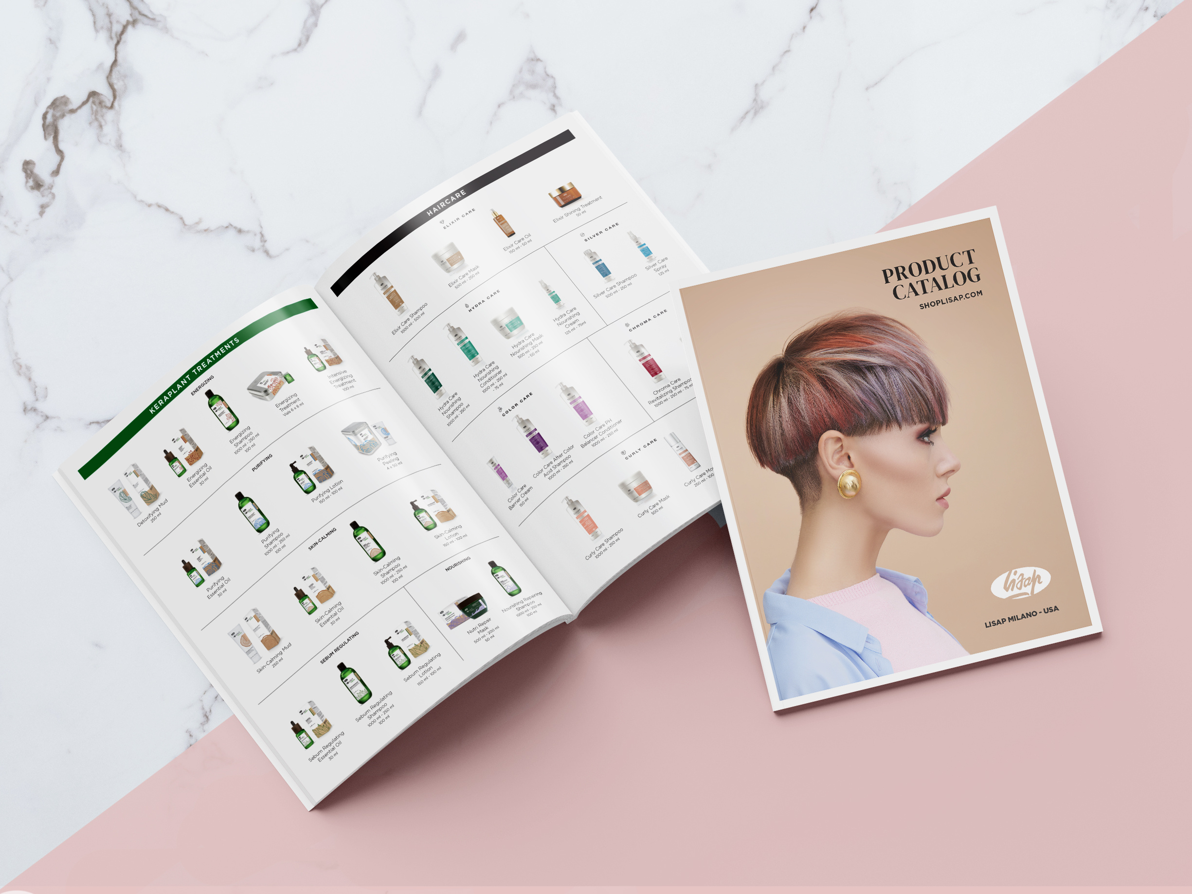 Product catalog design for hair care brand, print marketing collateral mockup used for trade shows and retail promotions