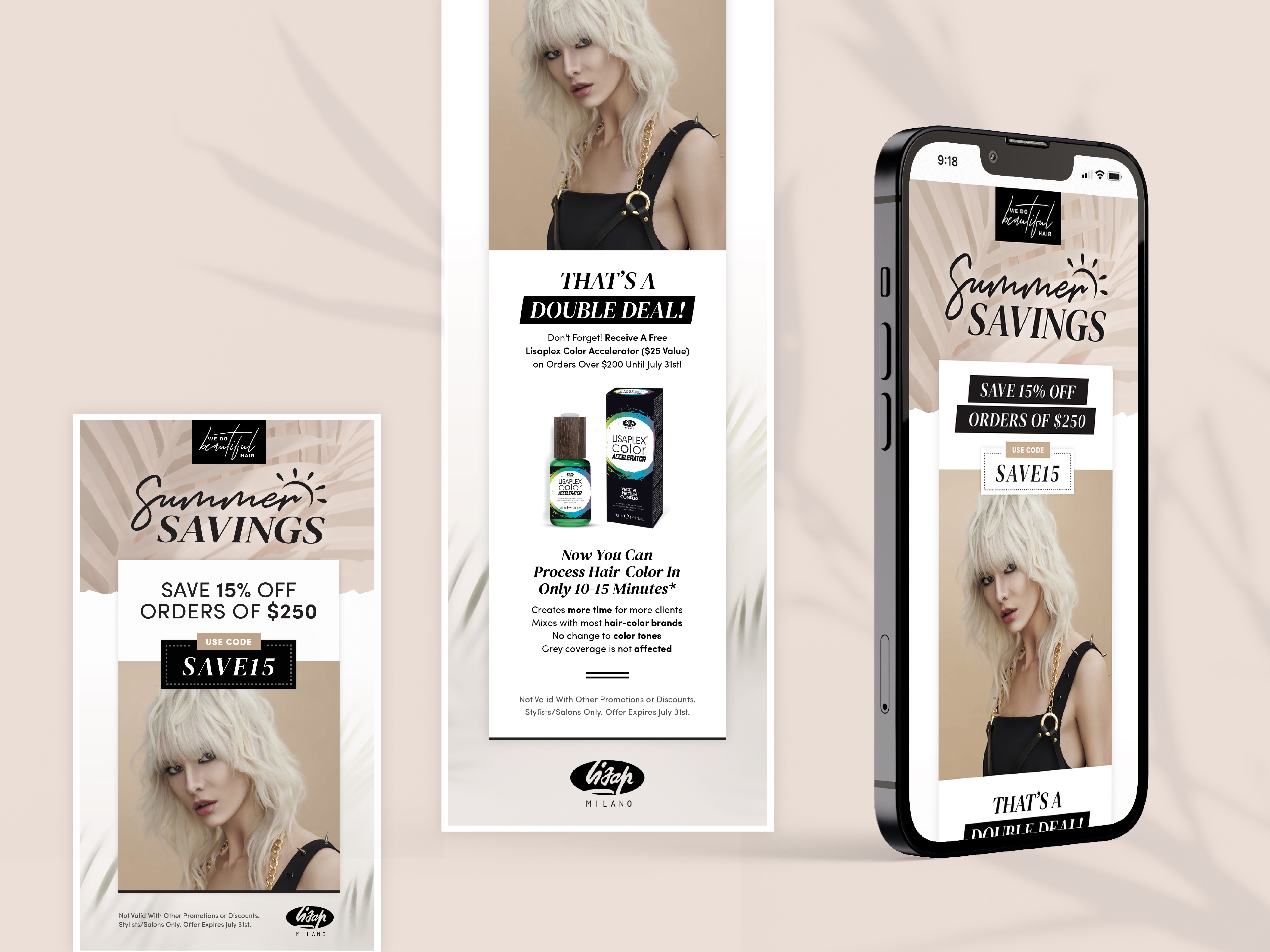 Email newsletter design for hair care brand, e commerce marketing layout featuring product photography and promotional messaging for beauty products