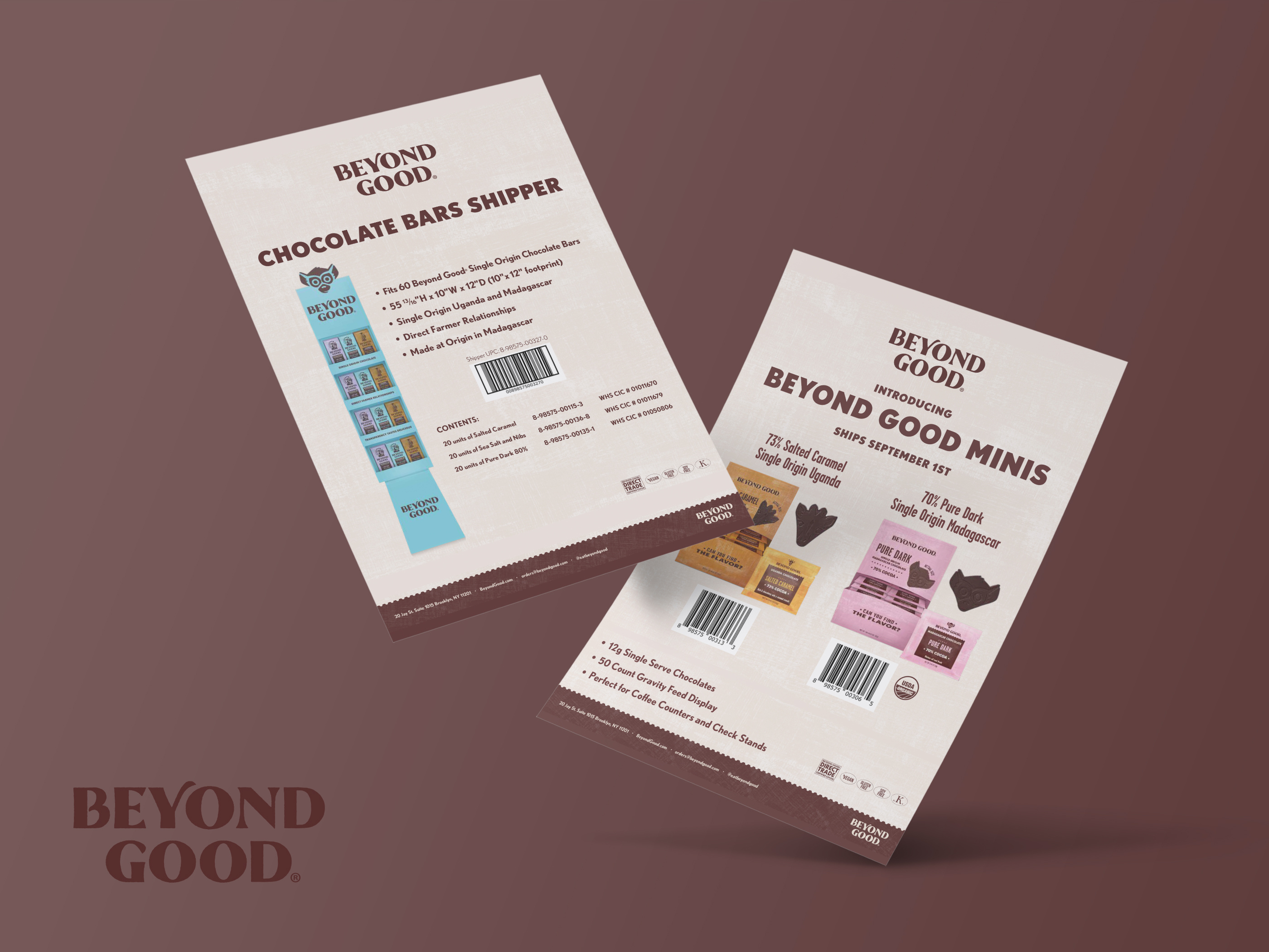 Sell sheet design and print collateral for CPG snack brand, trade marketing layout featuring product photography and flavor assortment for retail buyers
