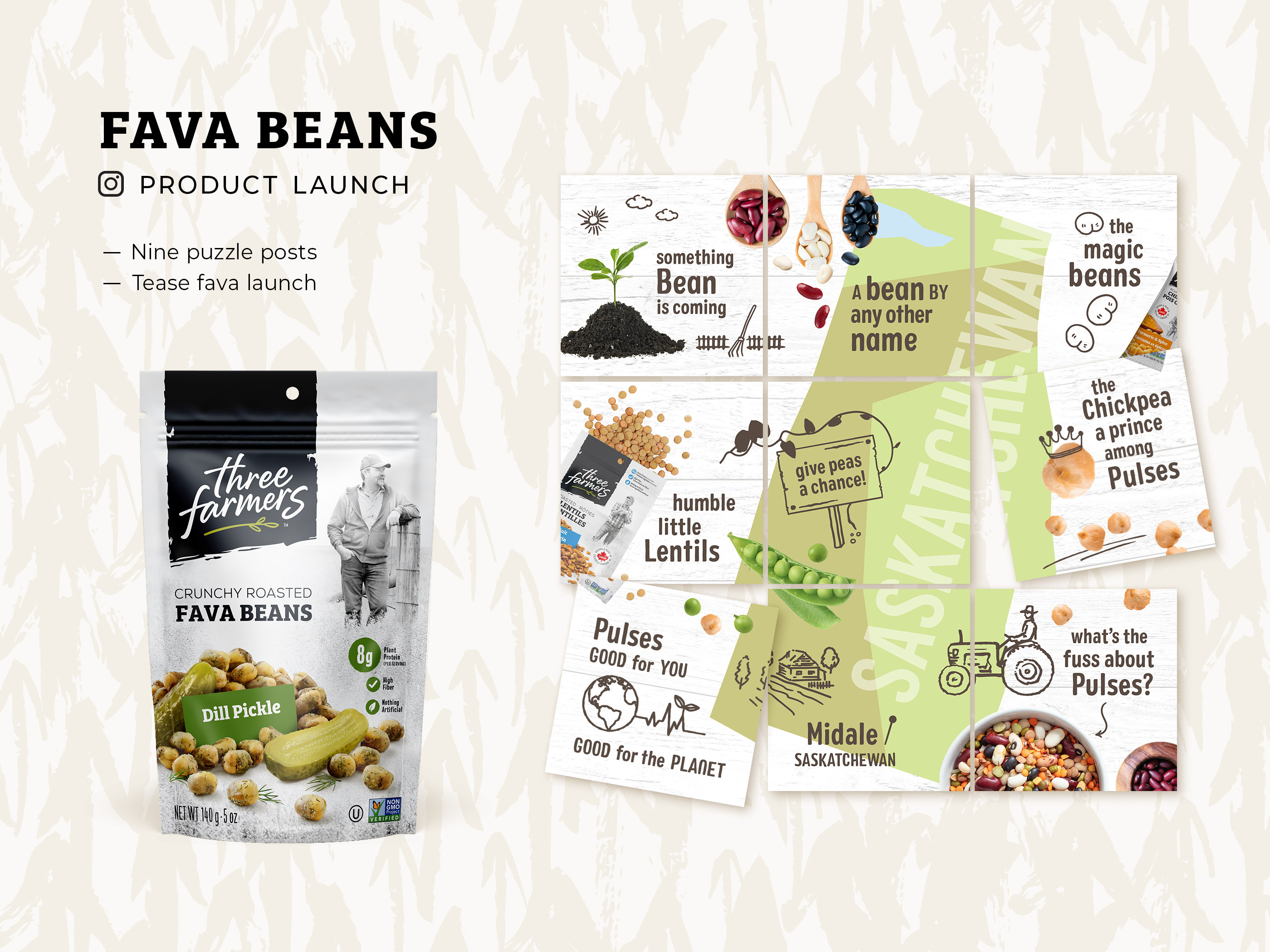 Packaging design for fava bean snacks, product pouch layout optimized for retail shelves and trade show displays, CPG branding with vibrant illustrations and bold typography