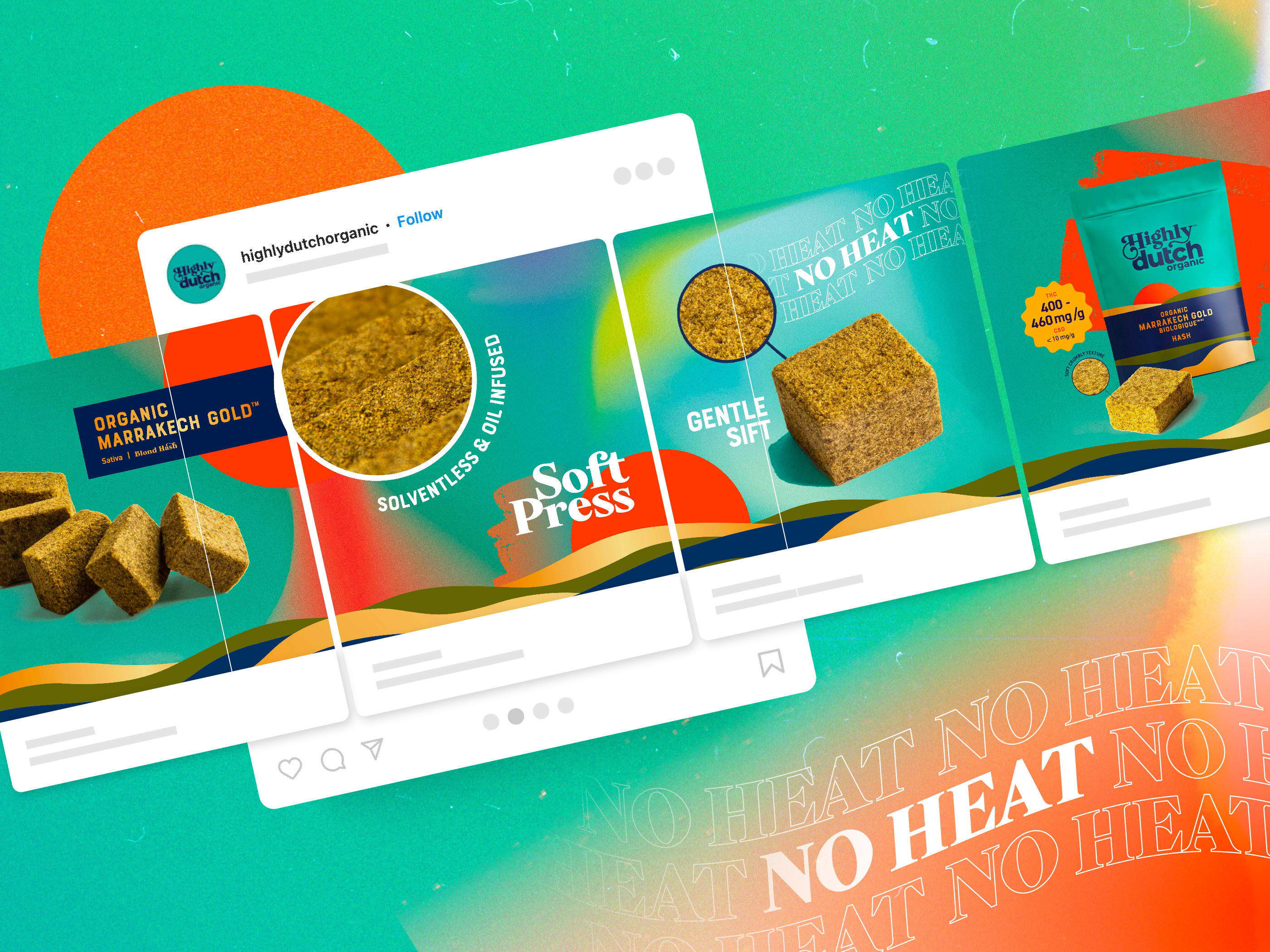 Social media carousel design for cannabis brand High There, educational Instagram graphics optimized for engagement and brand storytelling covering mental health facts science benefits and risks