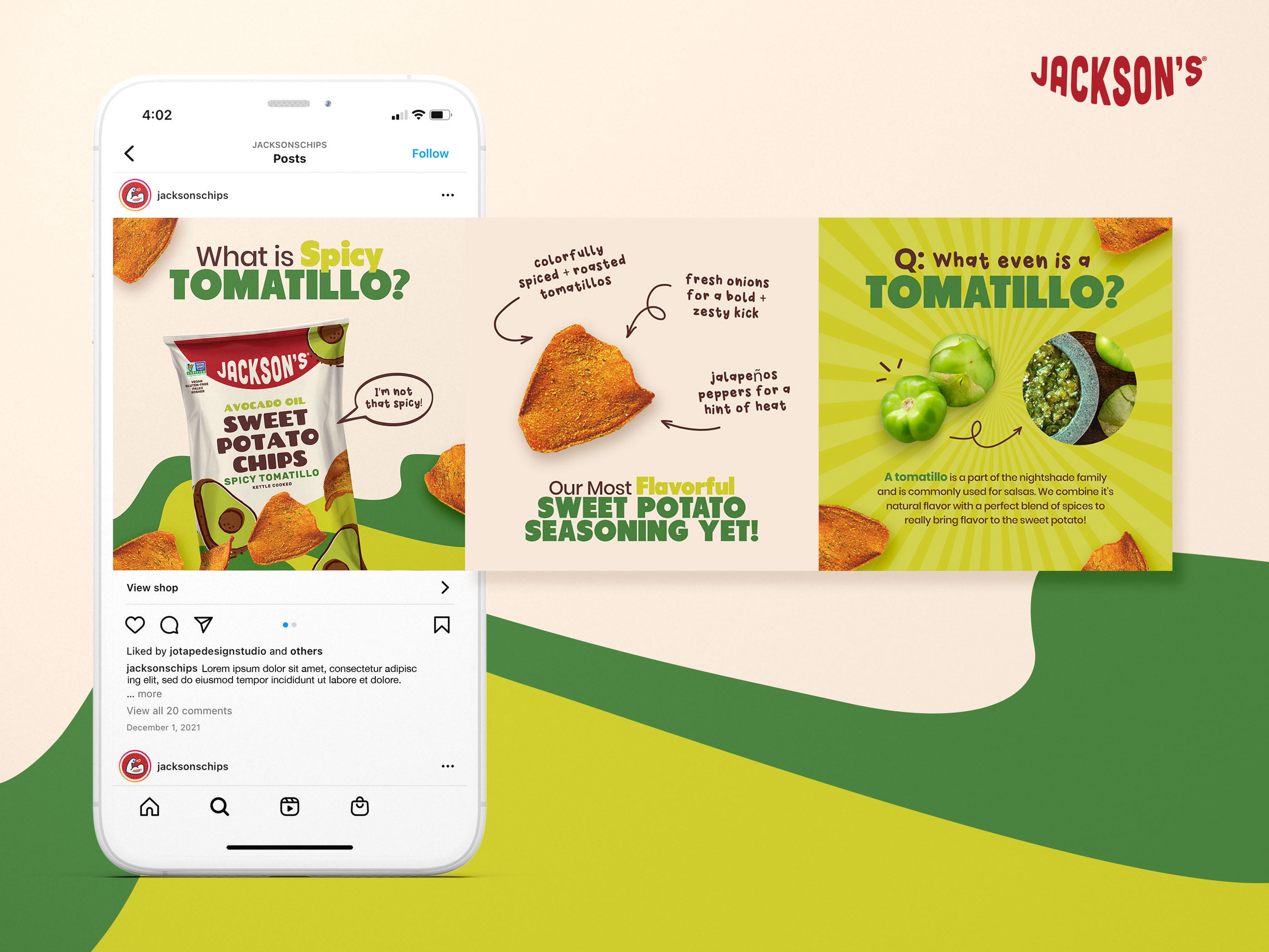 Social media carousel design for CPG snack brand Crispy Crunch, Instagram marketing layout featuring bold typography and product photography for retail promotions and digital campaigns