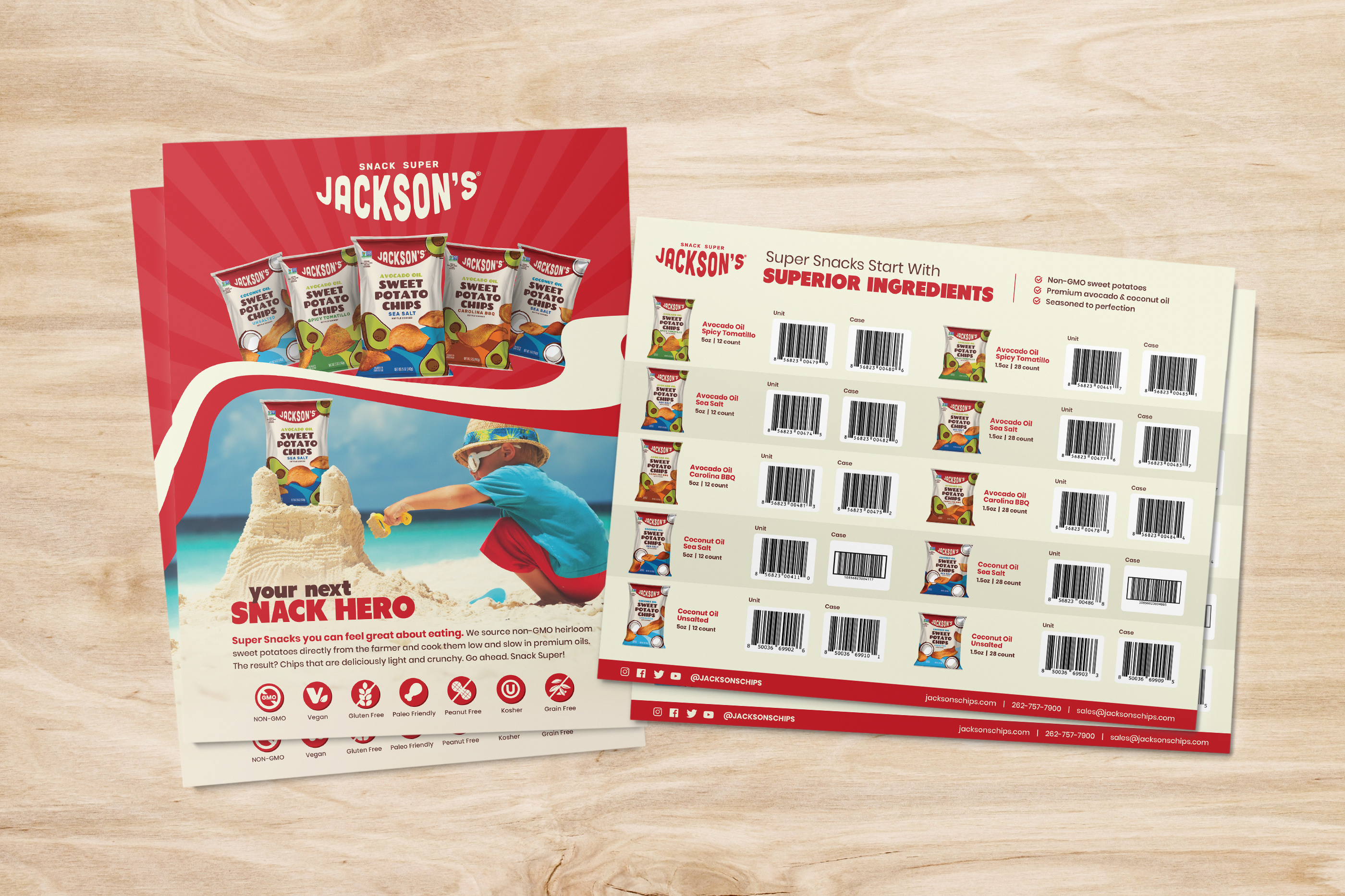 Sell sheet design and print collateral for CPG snack brand Jackson's created for trade marketing events and retail buyers