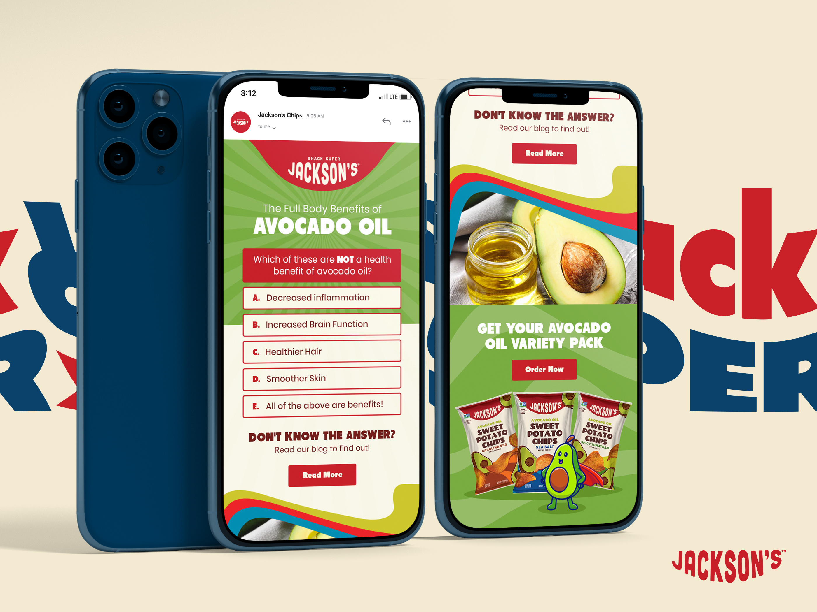 Email newsletter design for avocado snack brand, digital marketing layout optimized for blog content and brand storytelling in CPG e-commerce