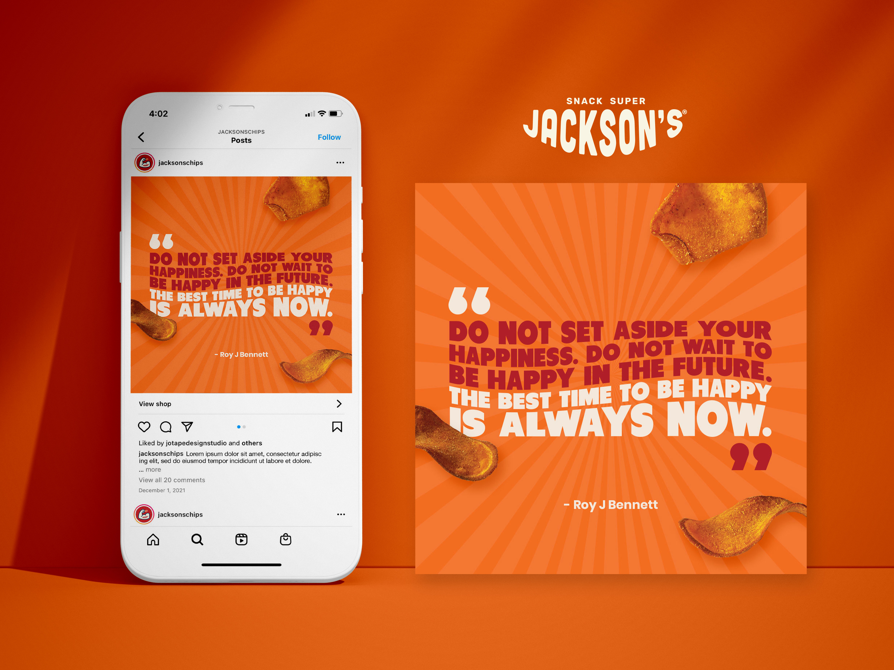 Social media design for CPG snack brand, Instagram graphic featuring relatable quote and product photography of sweet potato chips with dip for engagement campaigns
