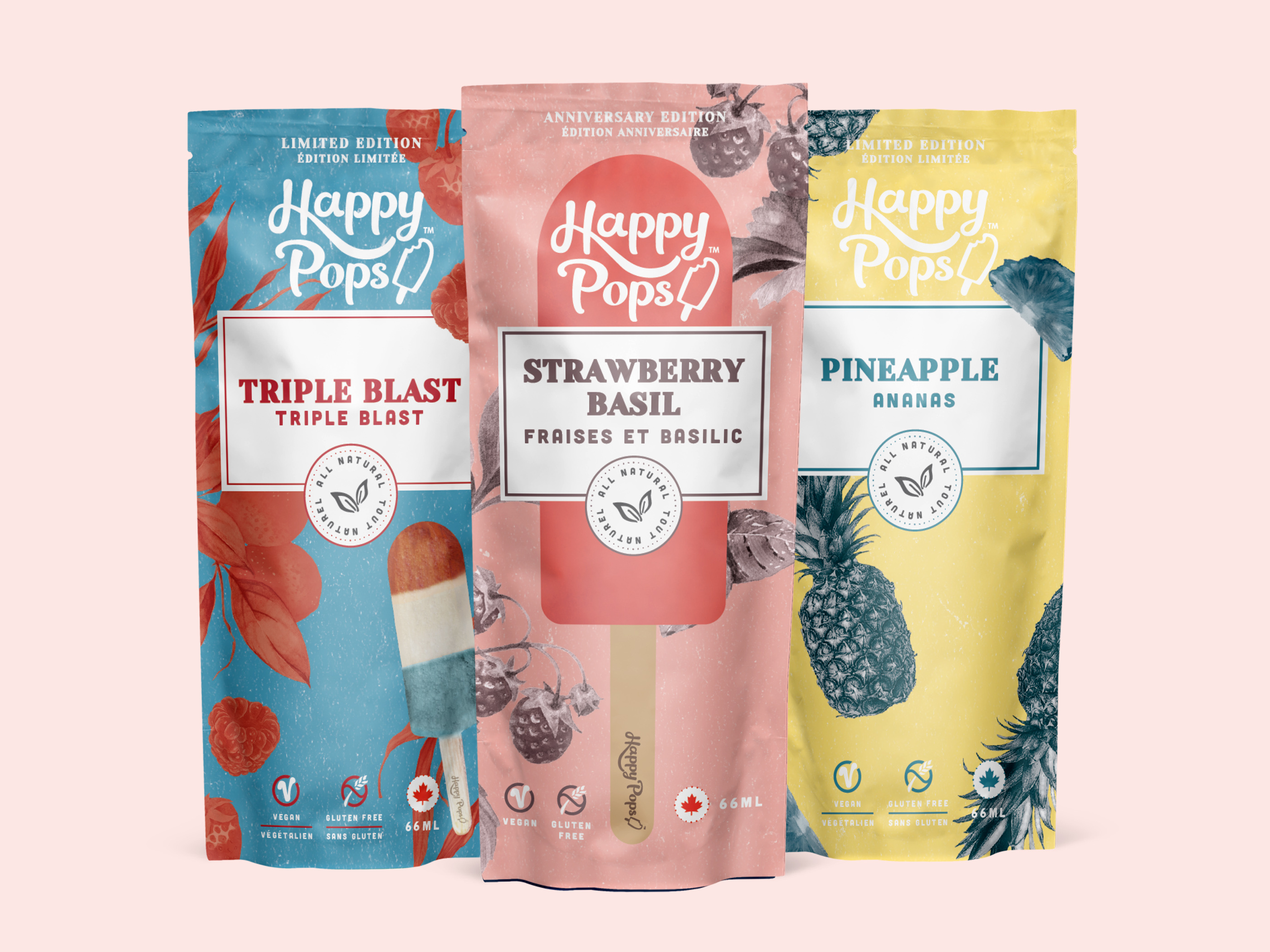 Packaging design for ice pops CPG snack brand featuring vibrant retro fruit illustrations and bold typography optimized for retail shelves and event promotions