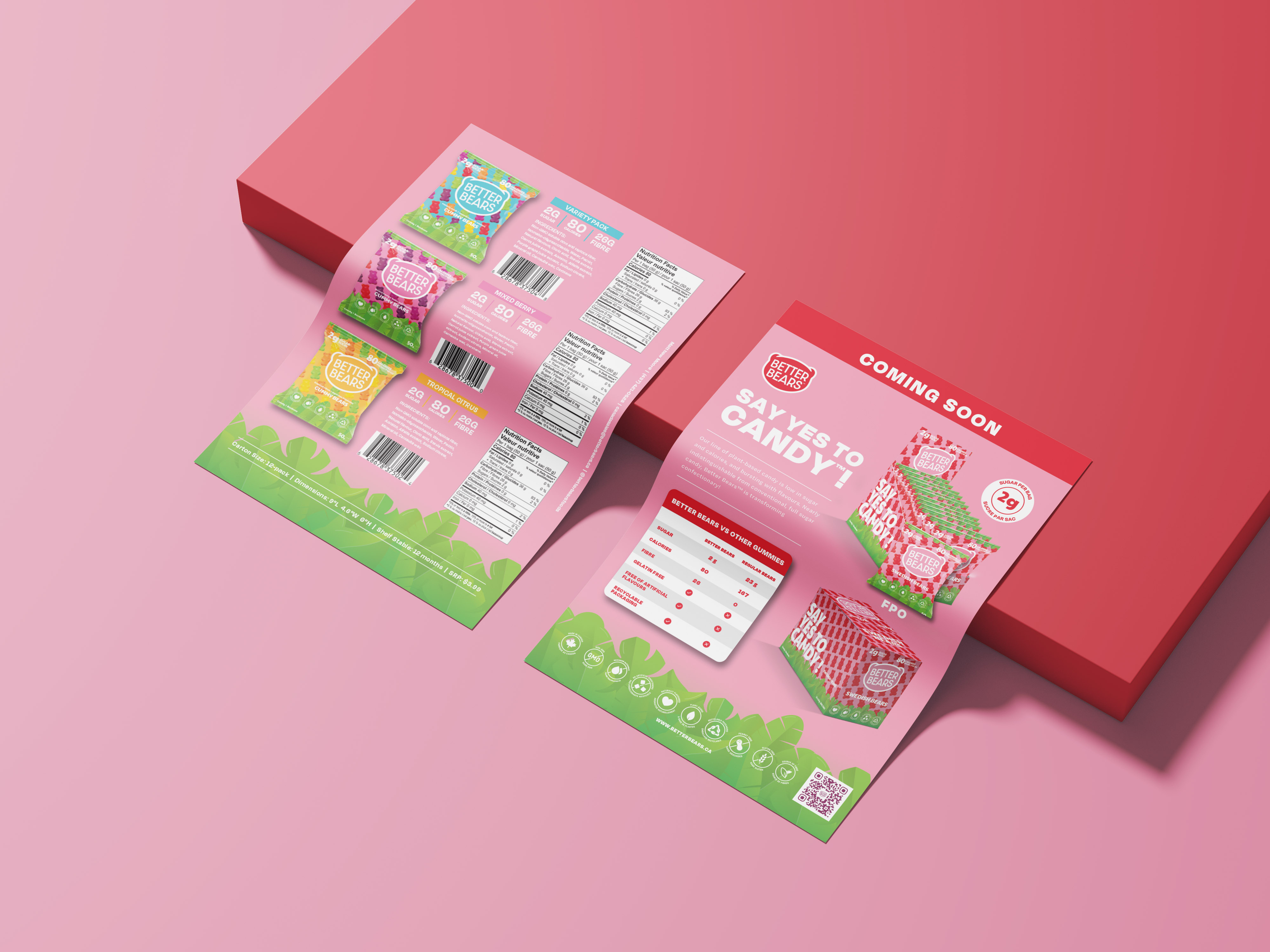 Sell sheet design for CPG snack brand Candy Kittens, trade marketing asset optimized for retail buyers and event promotions