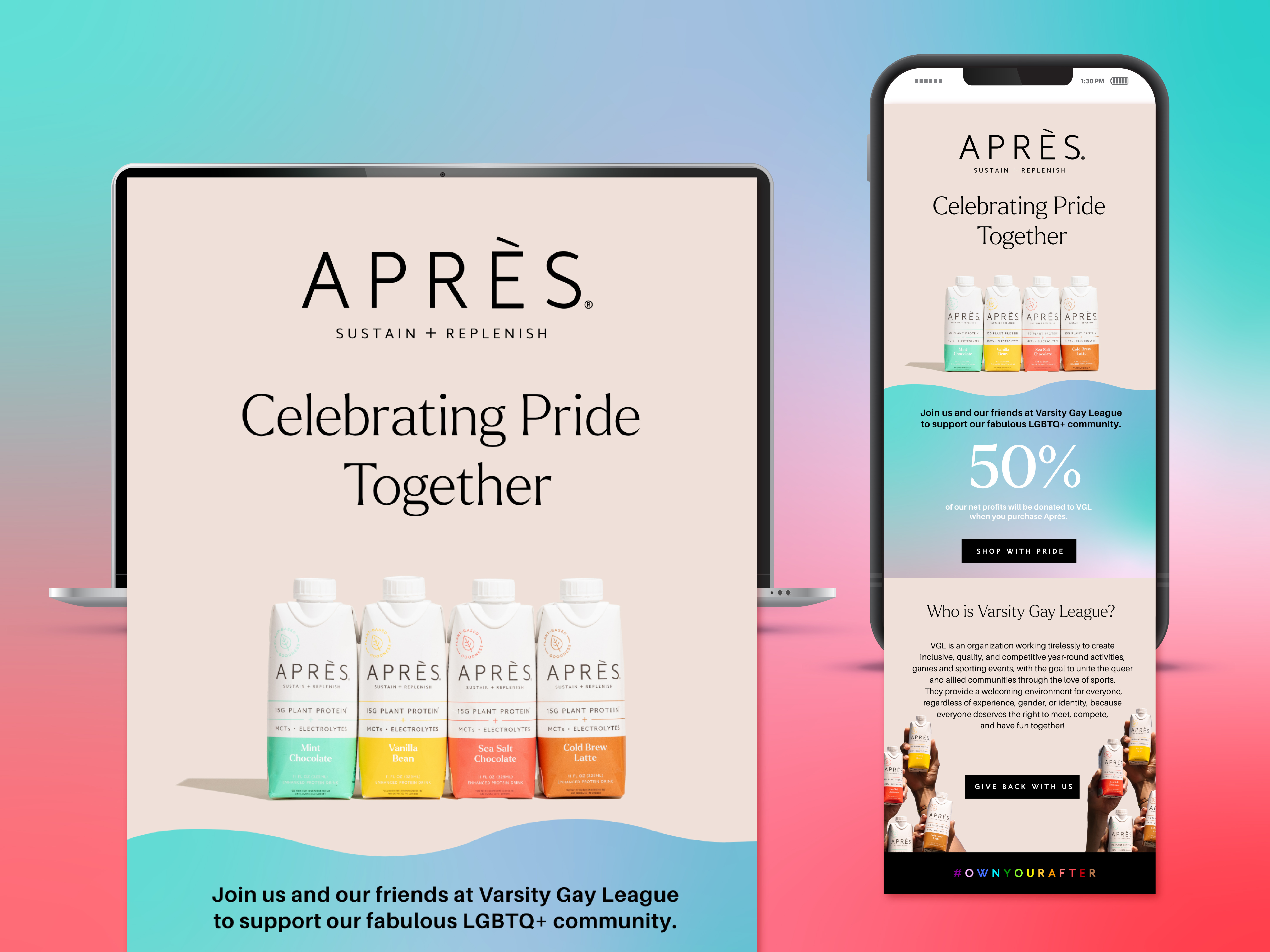 Email newsletter design for CPG beverage brand Pride campaign, e-commerce email marketing layout optimized for seasonal promotions and brand storytelling with vibrant visuals