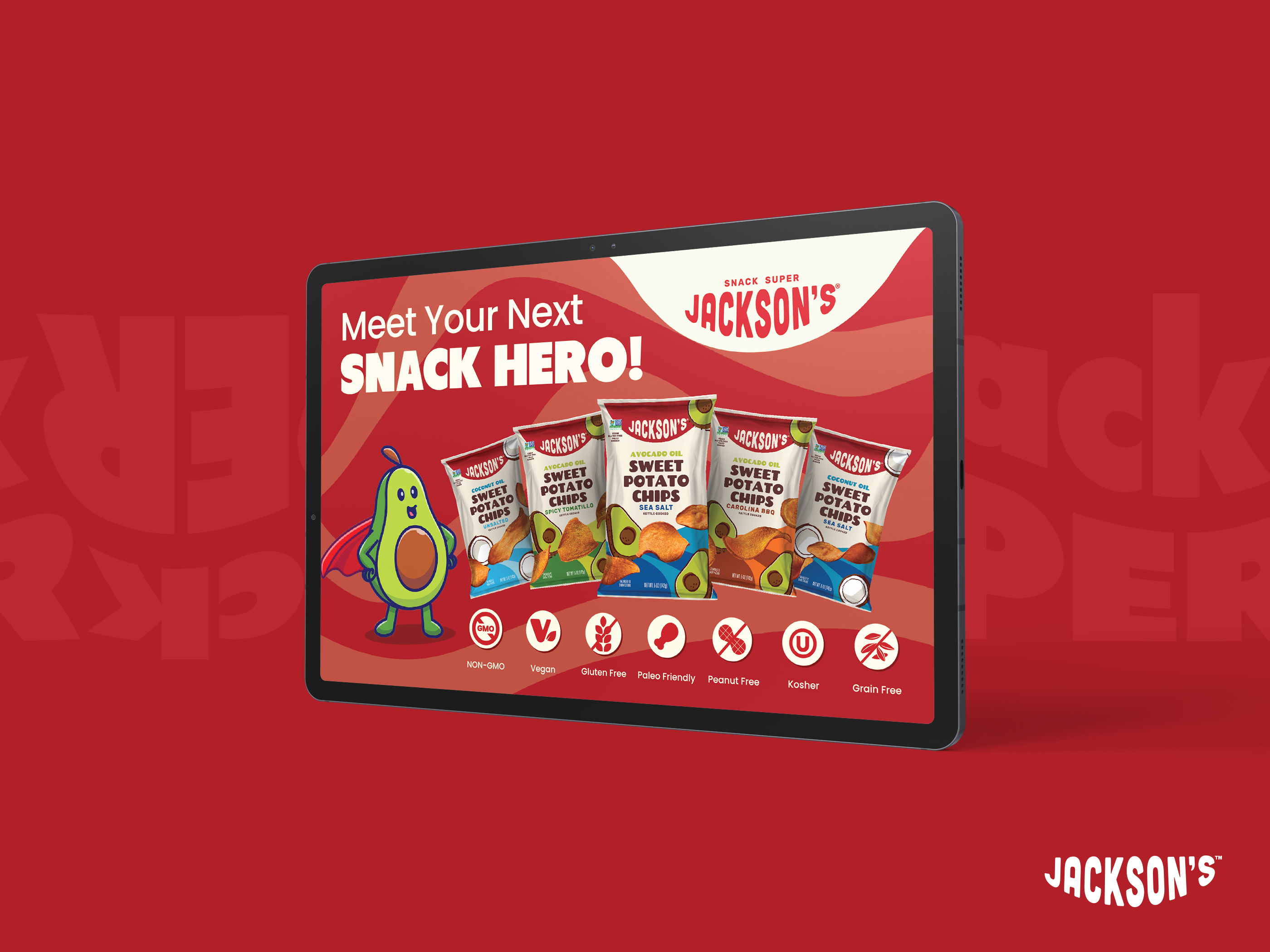 Digital advertising design for Olyra snacks displayed on a tablet, trade show display graphic optimized for product showcase and brand storytelling at events and retail promotions