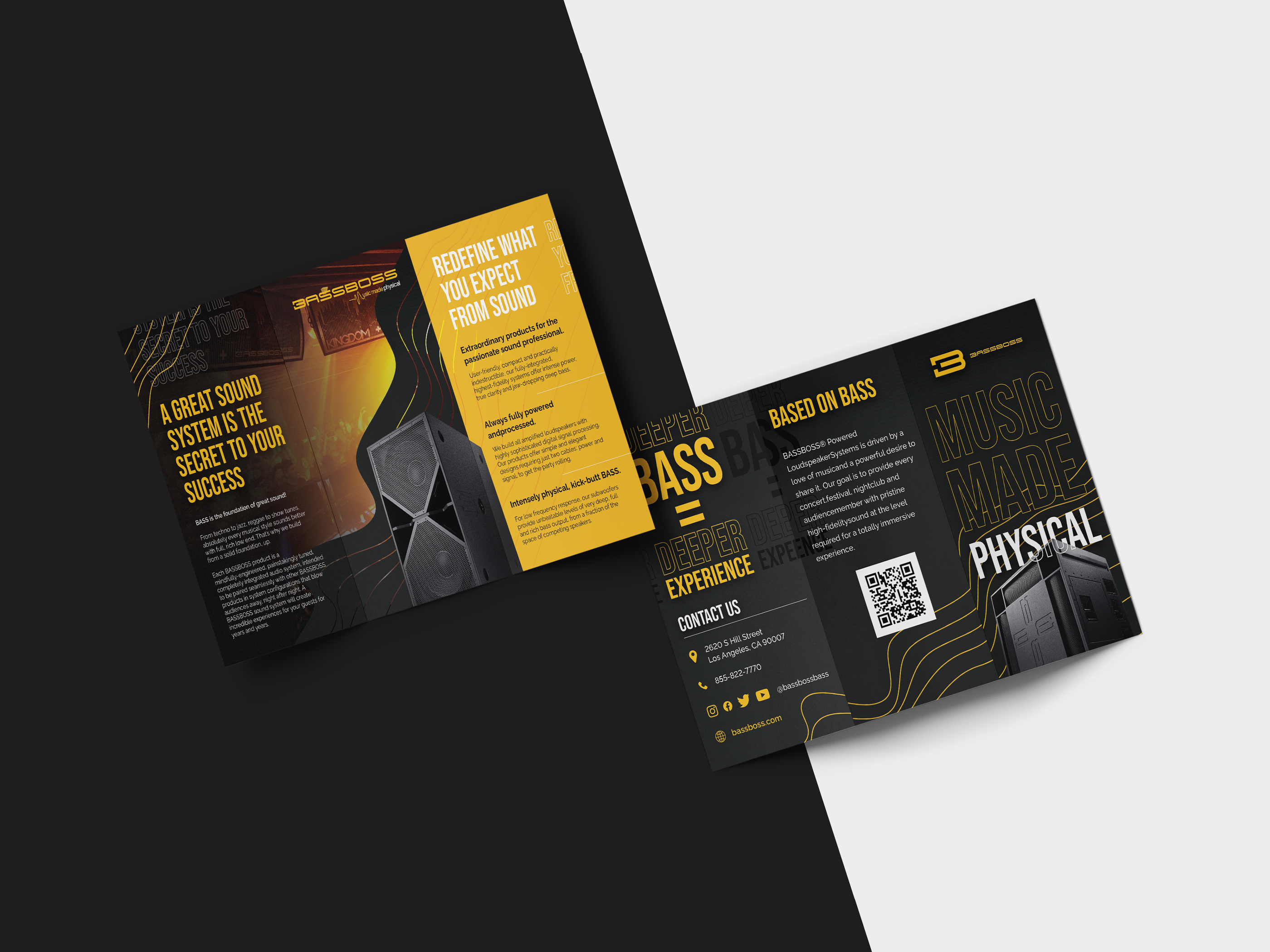 Product brochure design for Sonora speakers tri fold print collateral used for trade shows and retail promotions featuring product photography and specifications