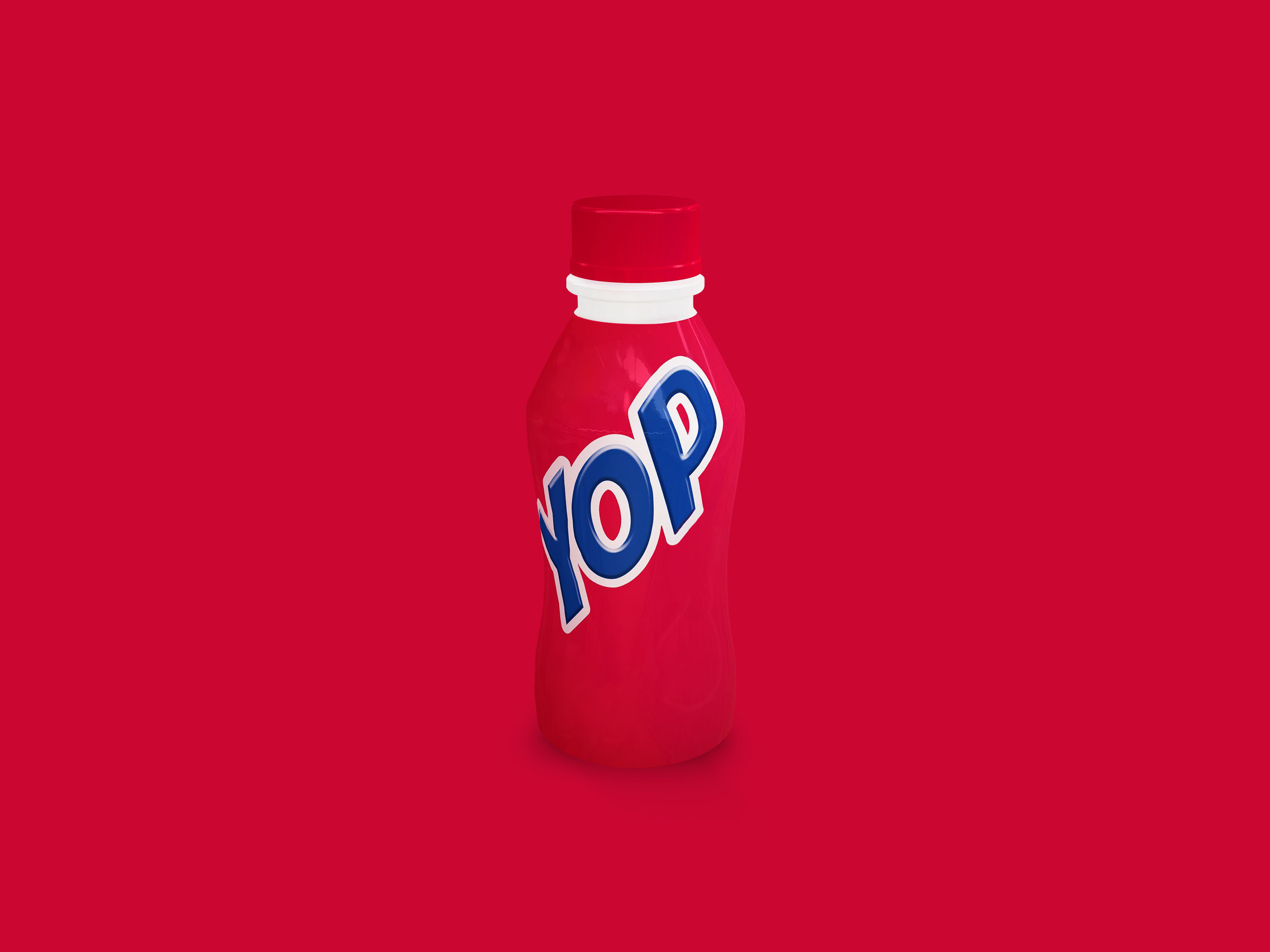 Packaging design concept for Yop yogurt, minimalist bottle layout for CPG snack brand, retail and trade show marketing asset