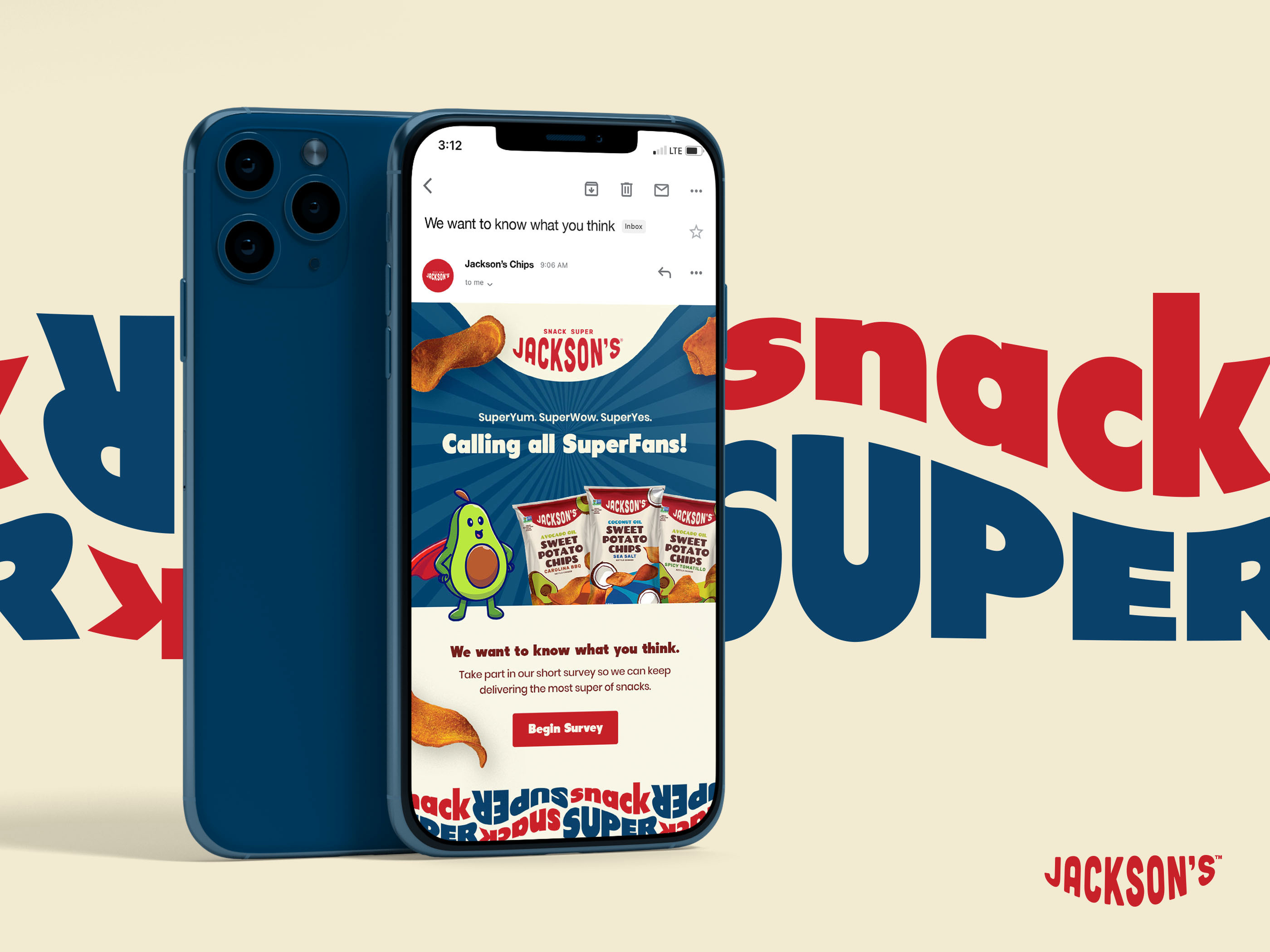 Email design for CPG snack brand survey, e-commerce email marketing layout optimized for customer engagement and product feedback campaigns