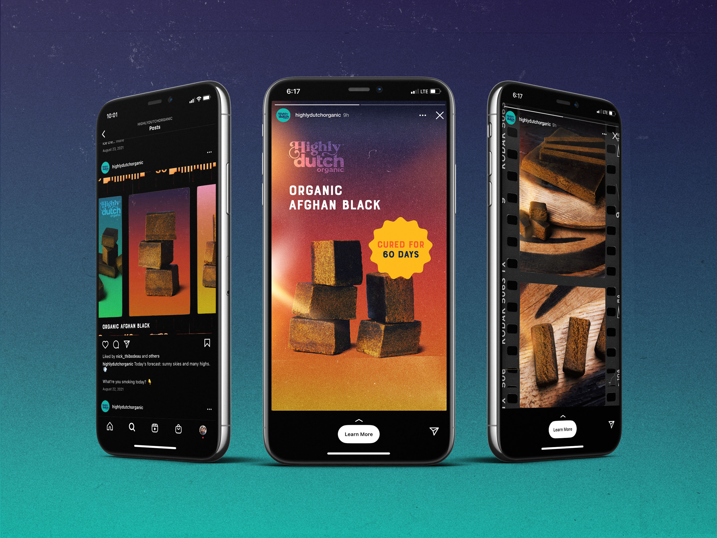 Social media design suite for CPG cannabis brand Rhythm including lifestyle graphics product shots and educational content optimized for digital marketing campaigns and brand storytelling across platforms