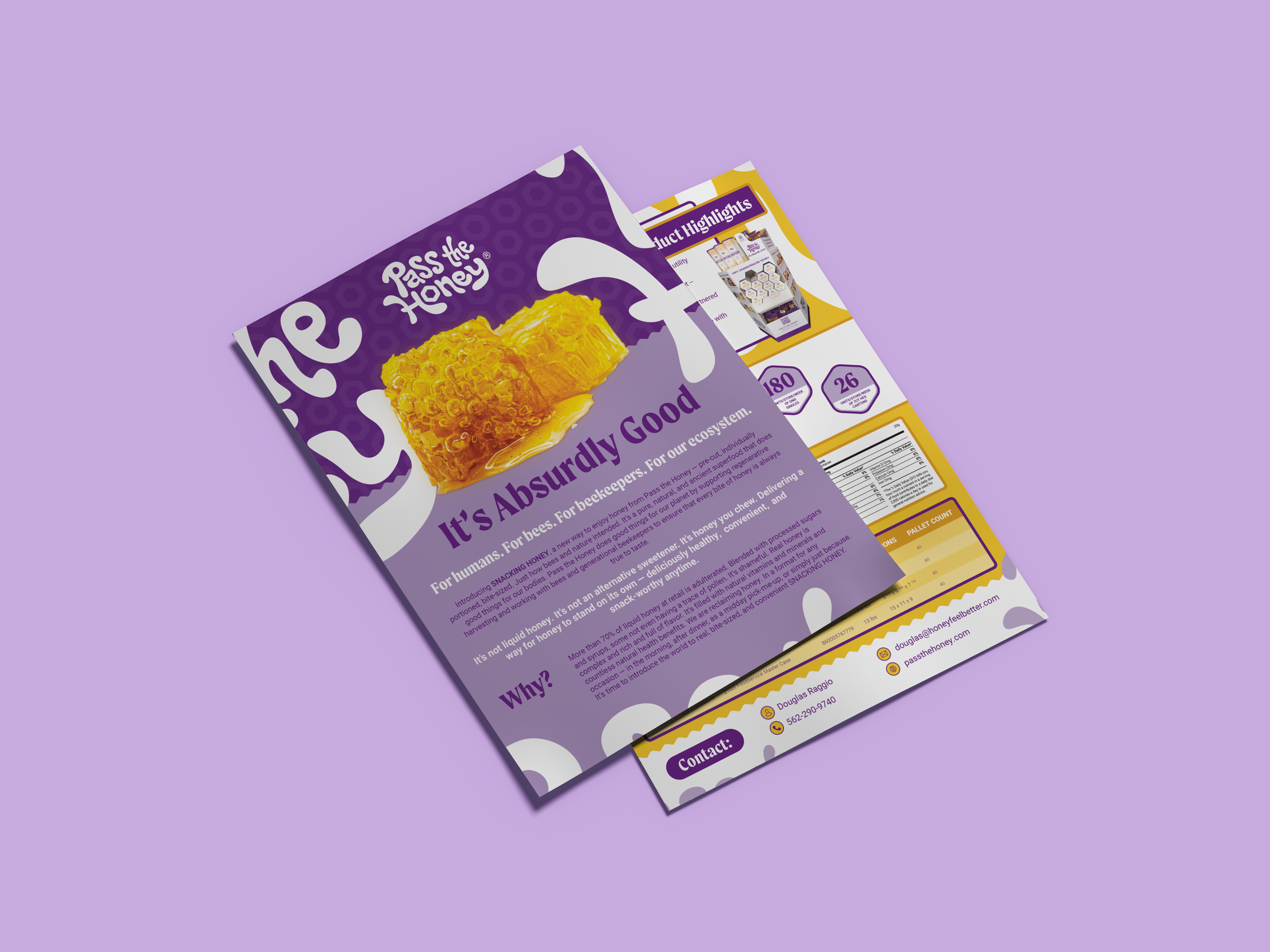 Sell sheet design for CPG brand Honeycomb Brand, trade marketing asset optimized for retail buyers and distribution channels featuring product specifications and brand messaging