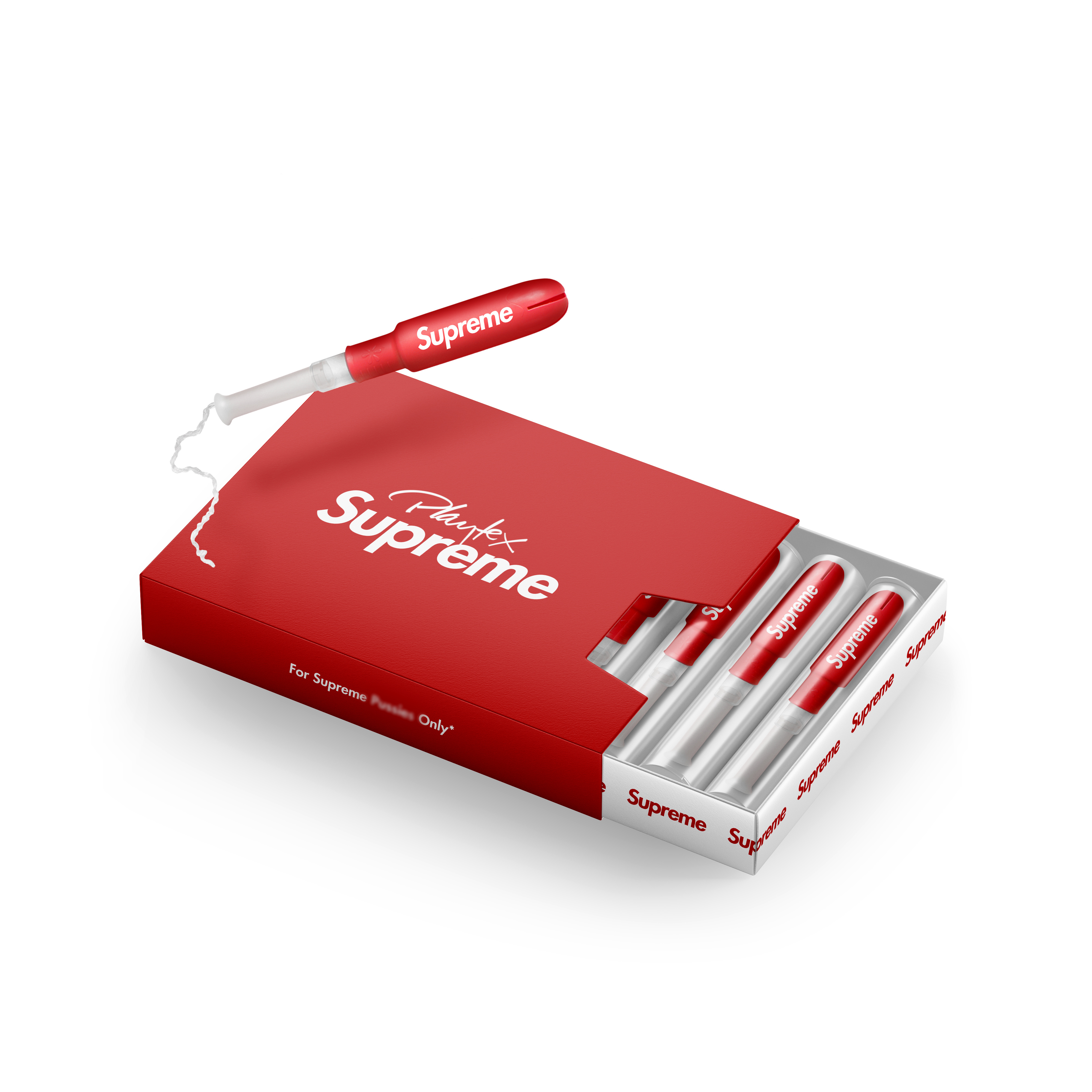 Packaging design for Supreme and Playtex collaboration box retail packaging for feminine hygiene products used in limited edition drops and retail promotions