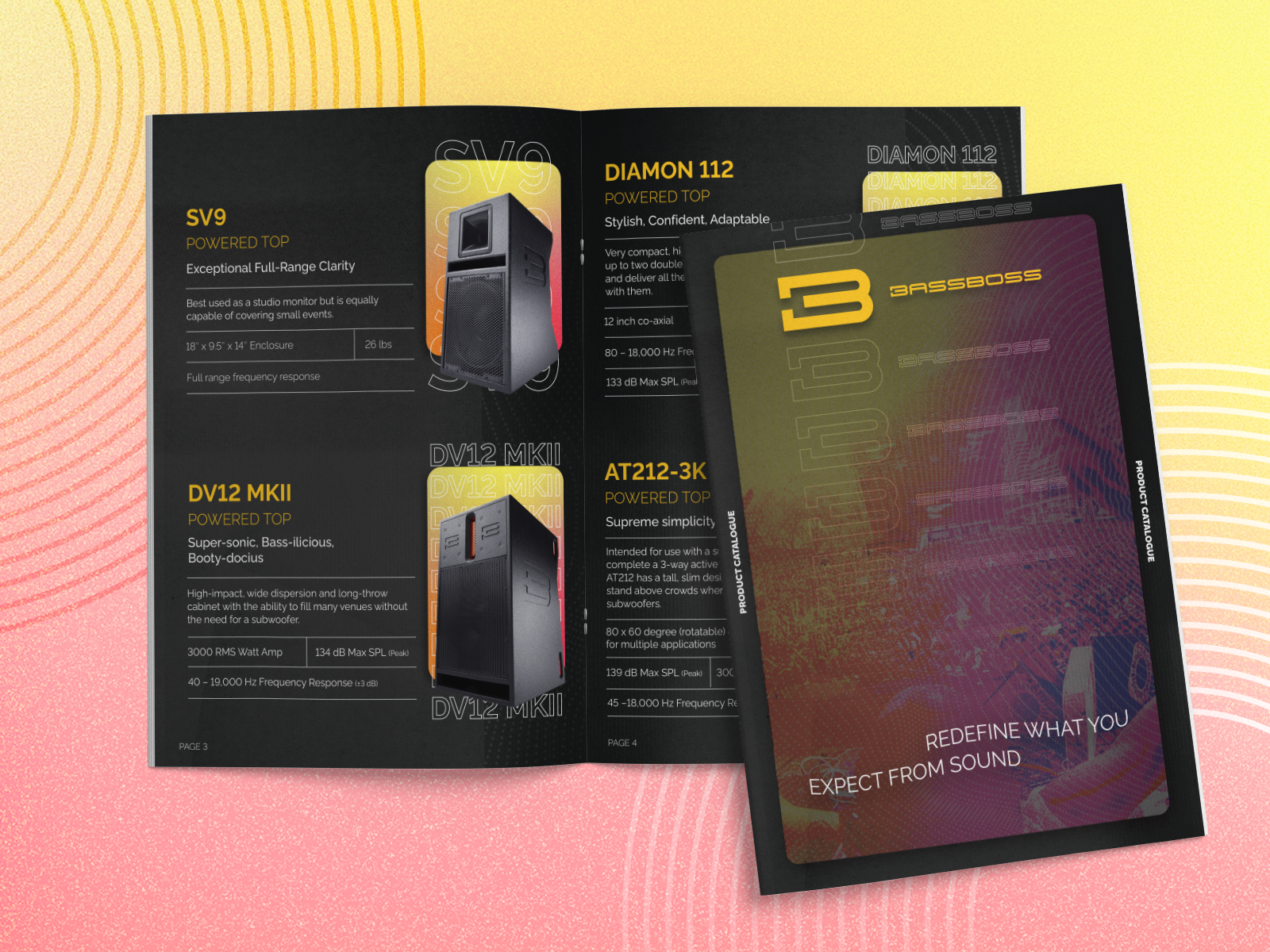 Print catalog design and layout for audio equipment brand featuring product spreads and lifestyle imagery optimized for retail and trade marketing events