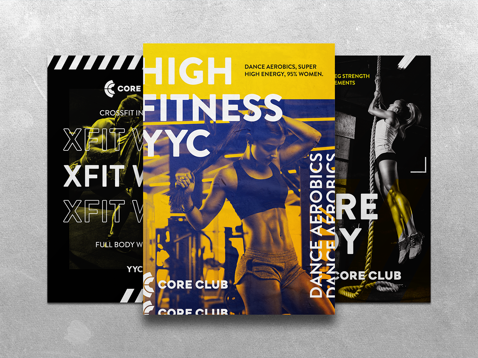 Flyer design for fitness gym club branding, promotional print asset for events and trade shows featuring bold typography and dynamic workout imagery