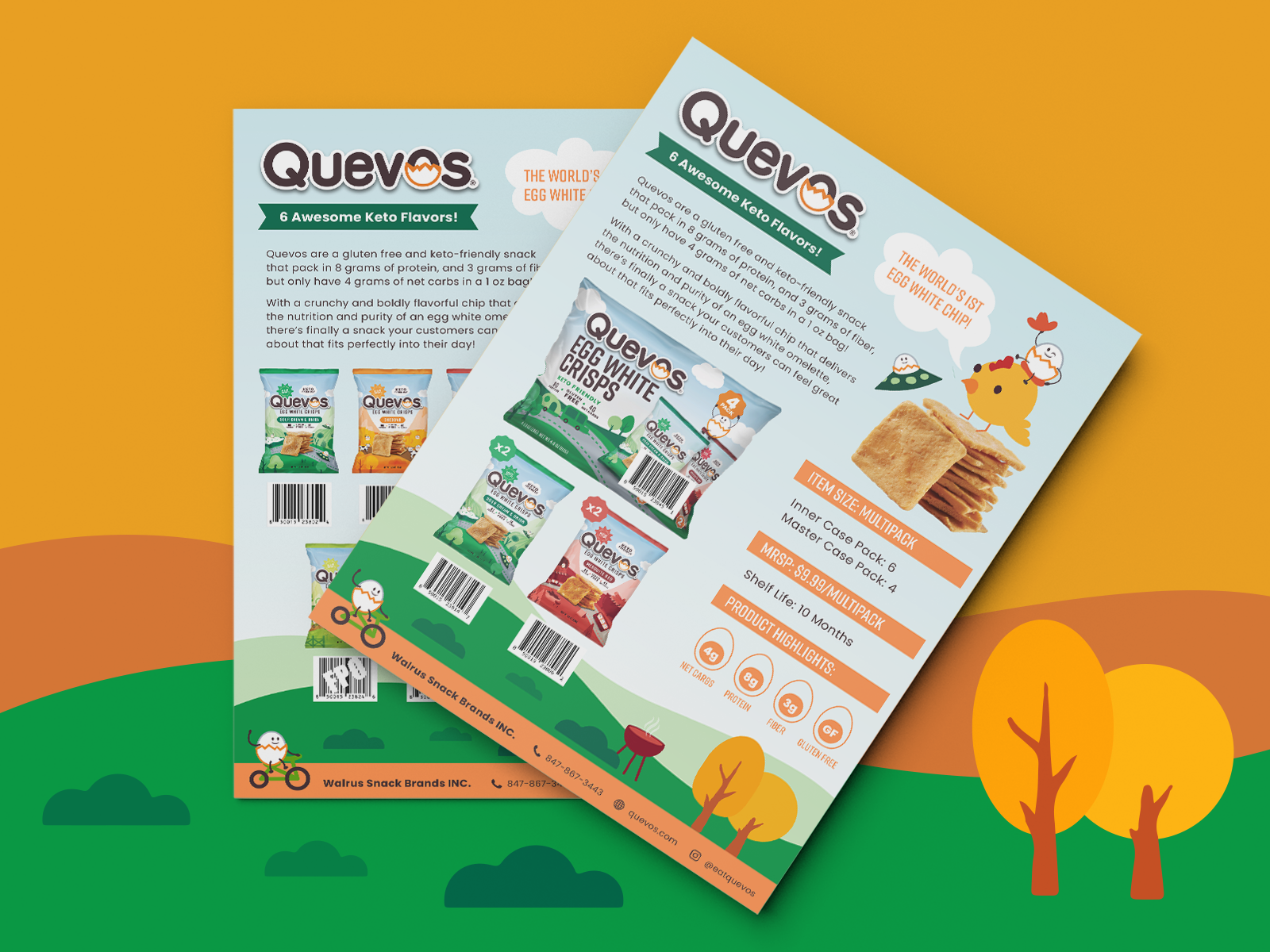 Product sell sheet design for healthy snack brand, two-sided printed layout optimized for trade marketing events and retail buyers featuring product photography key benefits and nutritional details
