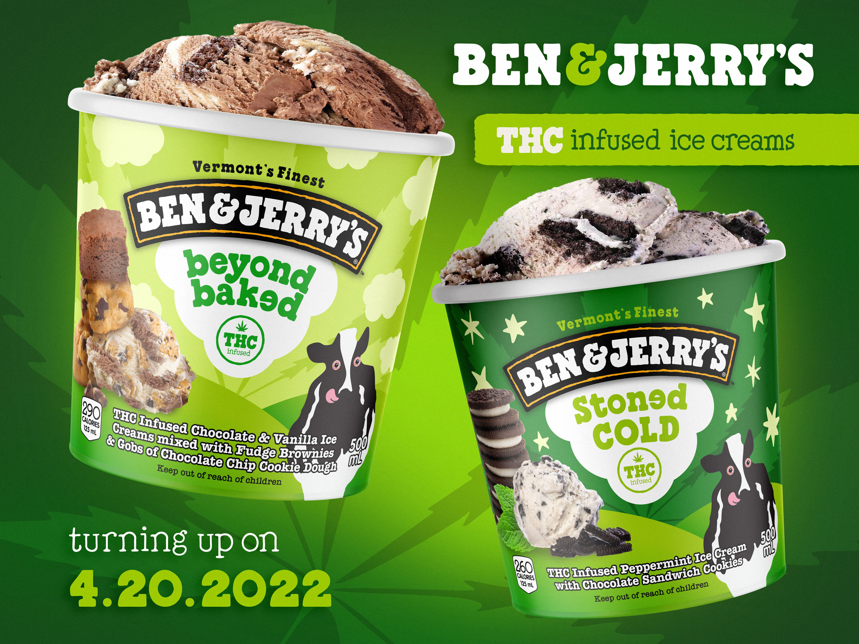 Trade marketing assets and retail display design concept for THC-infused ice cream brand, including vertical banner stand, product packaging mockups, and digital signage for events and retail promotions