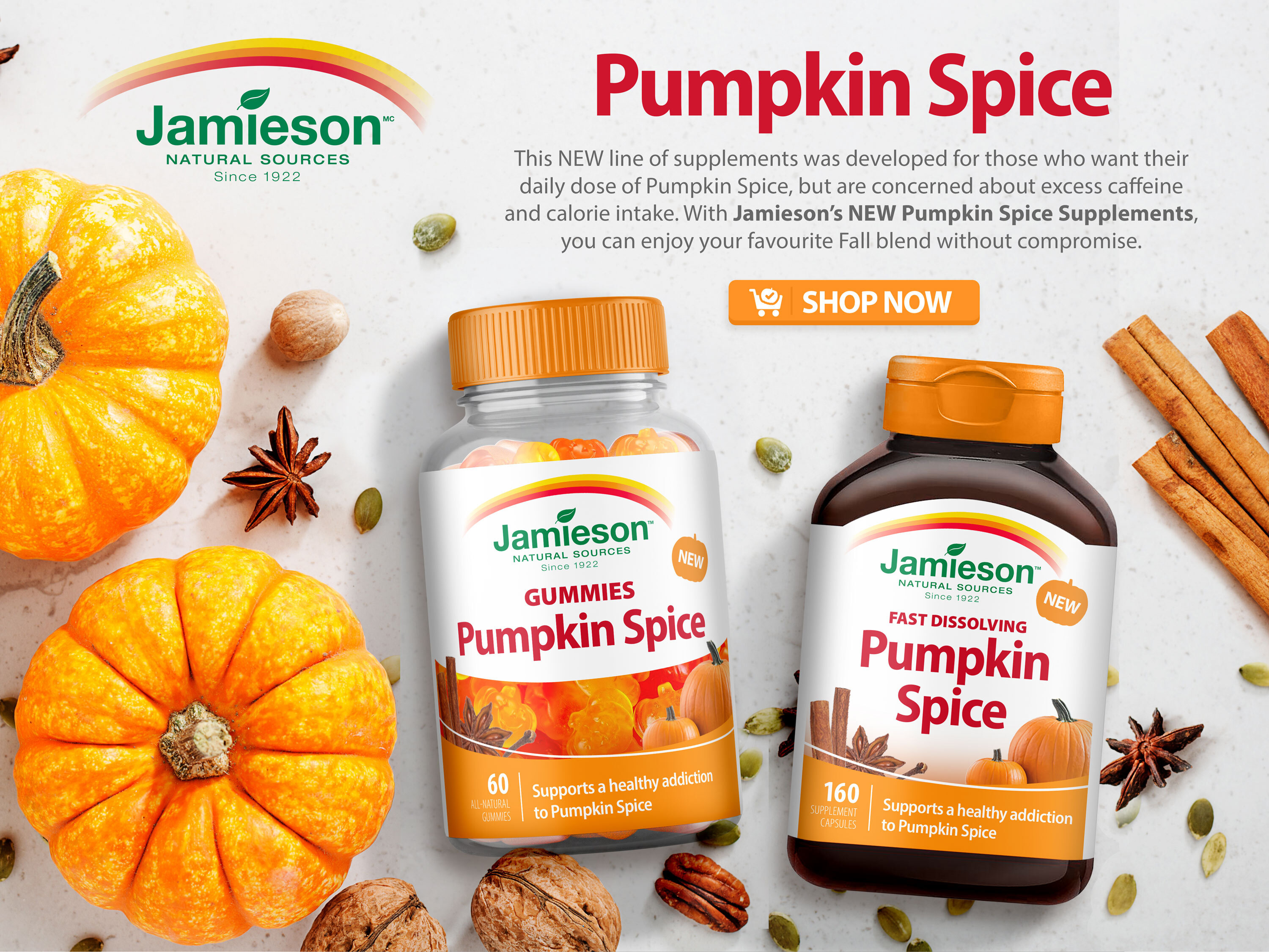 Packaging design and label concept for Pumpkin Spice Vitamin Gummies, seasonal CPG branding for limited edition supplement bottles, mockup for retail and trade marketing