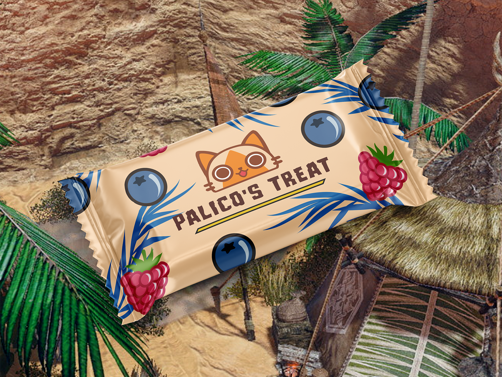 Snack bar packaging design concept for CPG brand Palico's Treat, illustrative wrapper layout optimized for retail promotions and trade show sampling