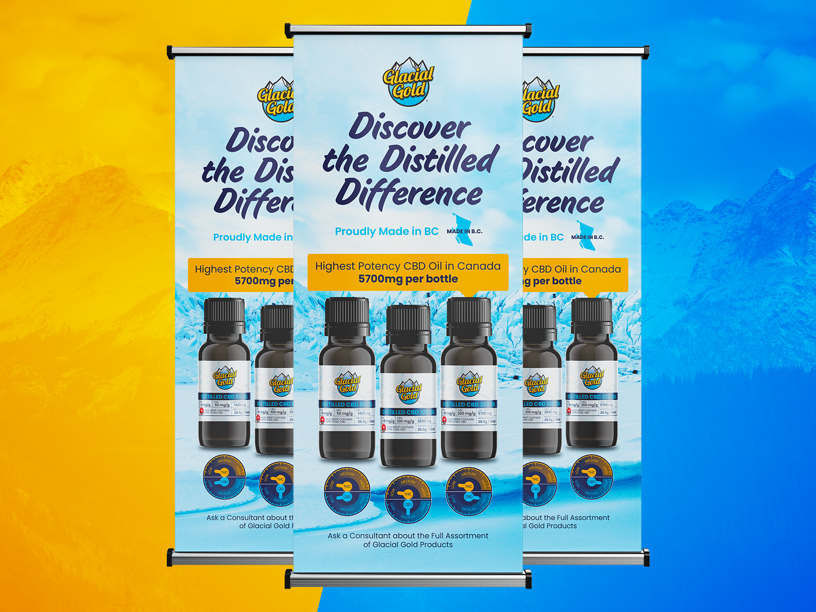 Retractable pop-up banner design for cannabis and CBD brand High There, trade show graphics optimized for events and retail promotions with dark aesthetic and clear product messaging