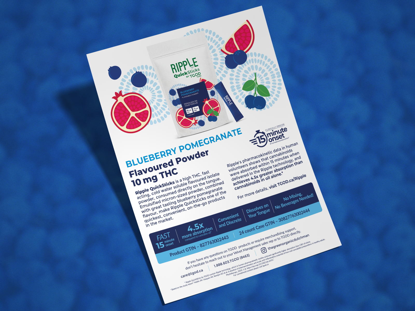 Product sell sheet design for cannabis edibles brand, double sided trade marketing asset used for B2B sales and new product launches at events and retail promotions