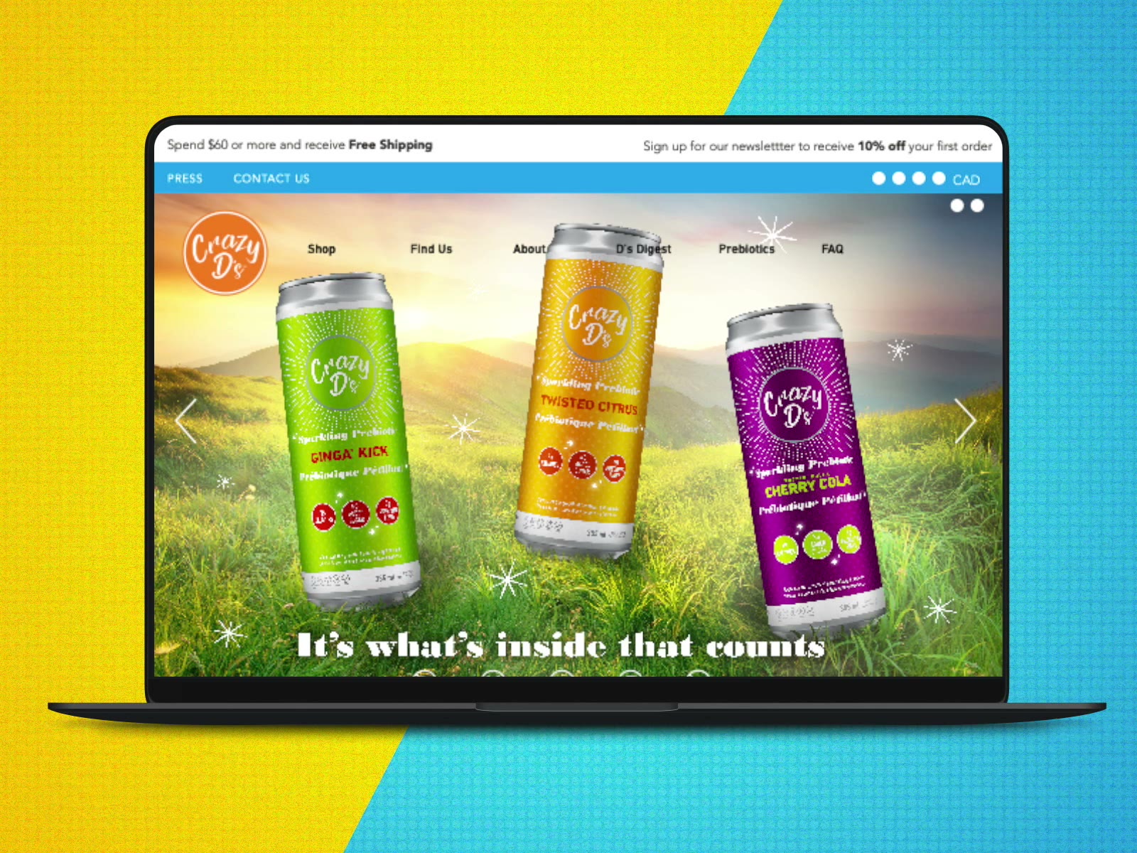 Animated CPG website layout design for beverage brand trade marketing, digital display video for retail events and brand activations, motion design asset for user interface presentation