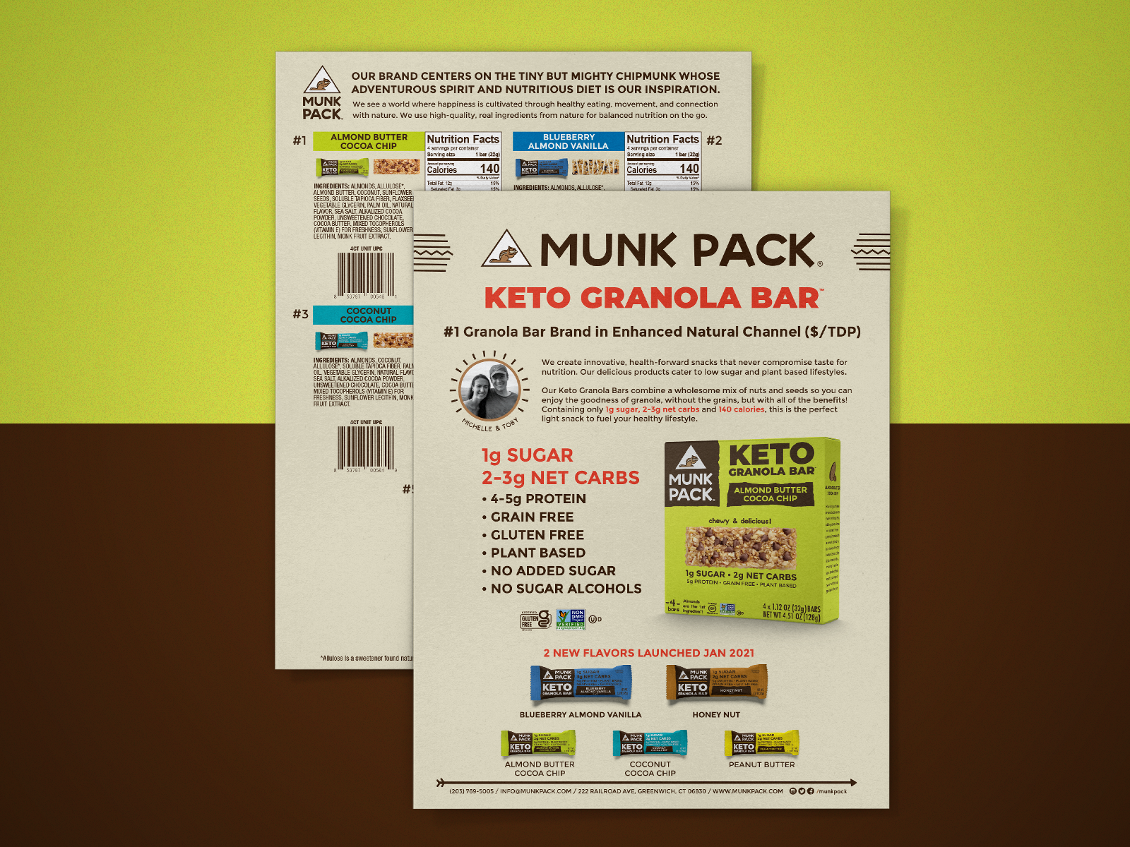 Product sell sheet design for CPG snack brand Olyra used in trade marketing and retail promotions to showcase organic biscuit flavors and key nutritional benefits to buyers