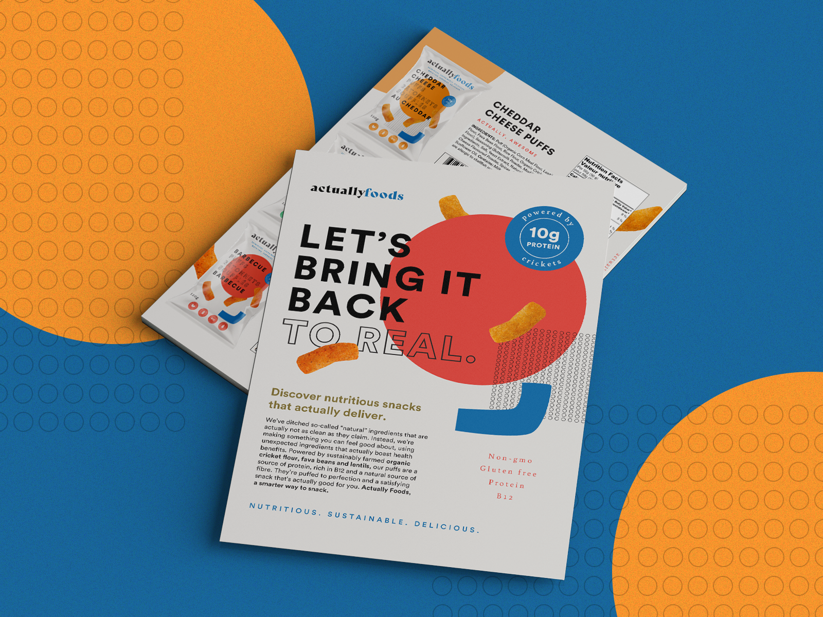 Product sell sheet and trade marketing collateral design for CPG snack brand Crunchy Munchy, optimized for trade shows and retail promotions with bold branding and clear product information