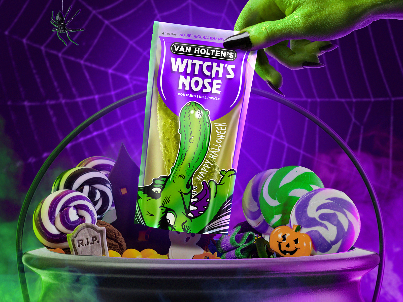 Retractable pop-up banner design for Ghostly Goodies Halloween CPG snacks, trade show and retail event display graphic featuring cartoon ghost and candy illustration