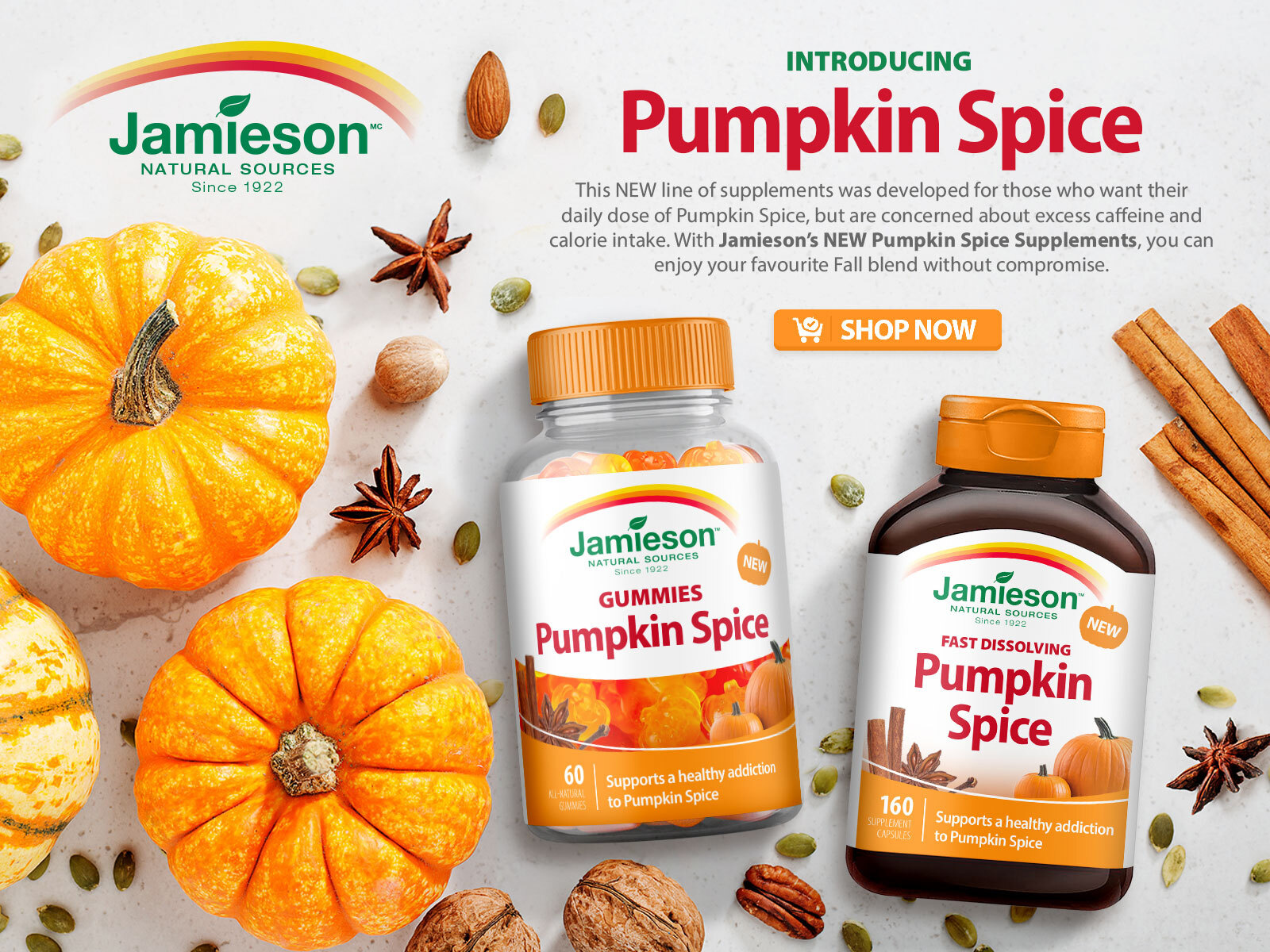 Packaging design and label concept for Fall Pumpkin limited edition snacks presented on amber pill bottles for retail promotions and trade marketing events