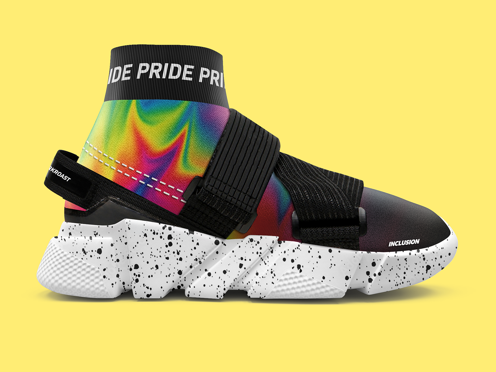 Product design mockup for Pride sneaker concept, footwear graphic design used for retail promotions and event marketing campaigns