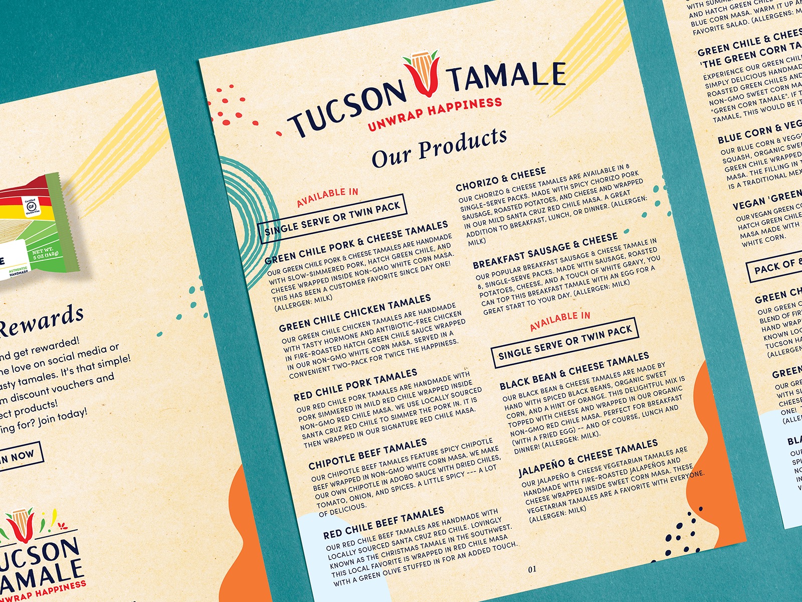 Product menu sheet design for CPG snack brand used in trade marketing and event promotions featuring flavor assortment and product details