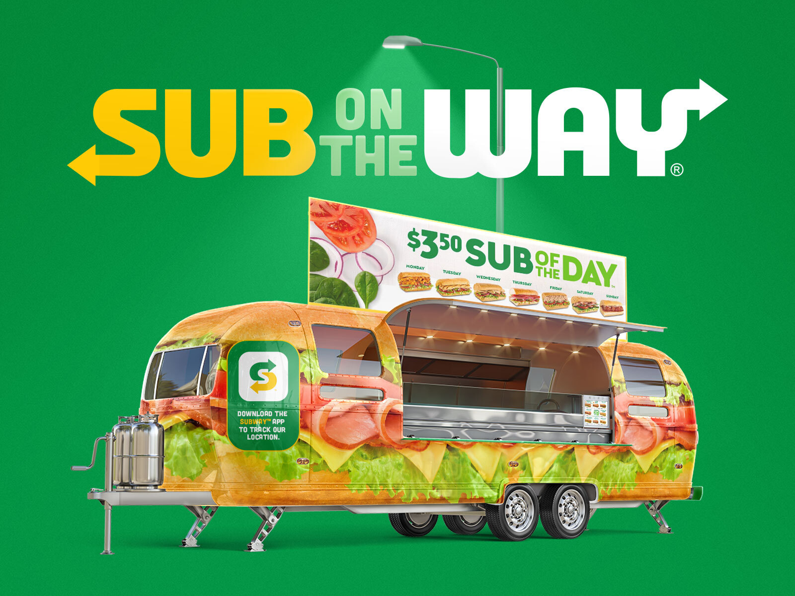 Food truck design and vehicle wrap for Subway, mobile brand activation featuring Subway Series branding and product imagery for experiential marketing events and trade shows
